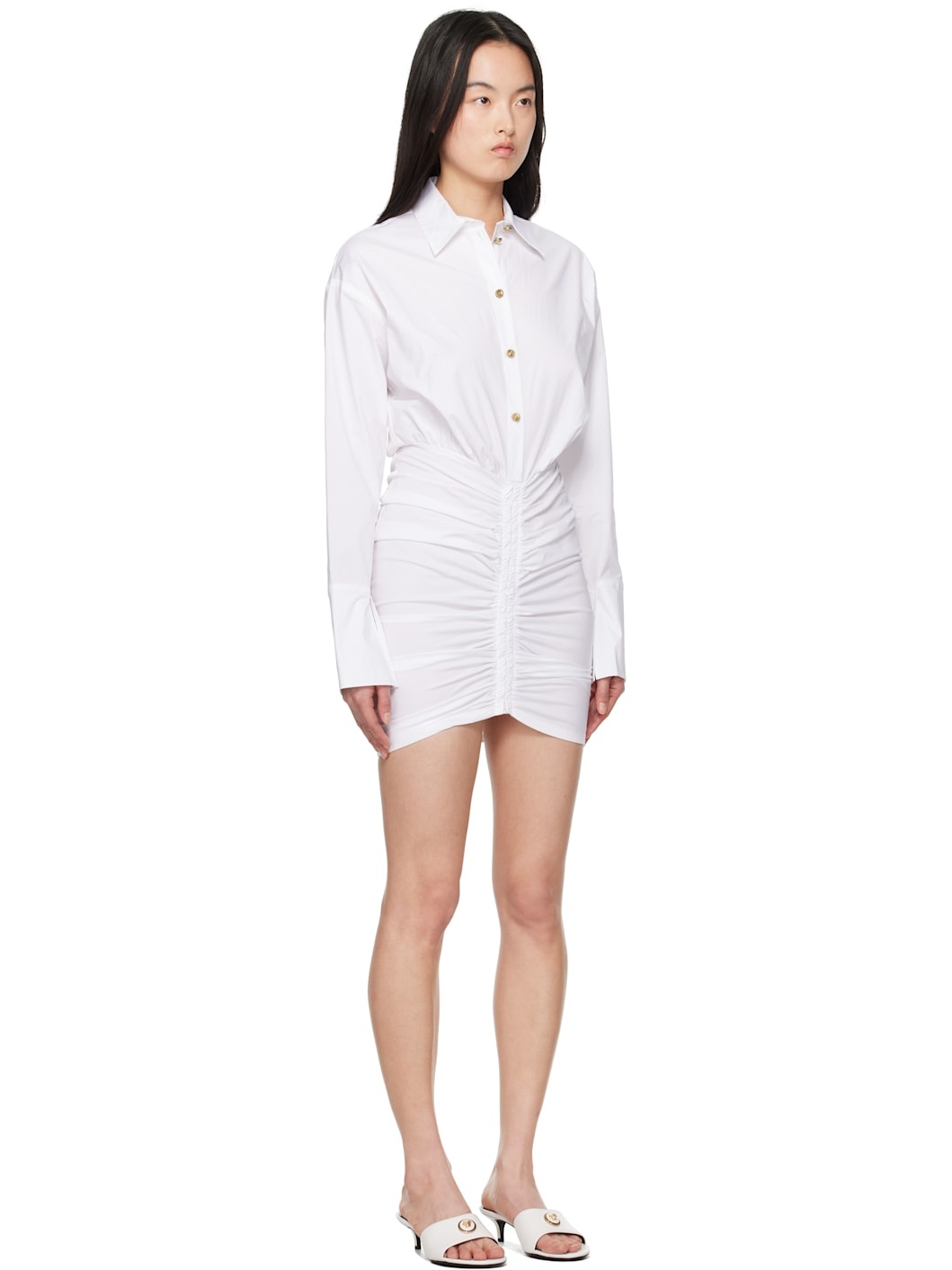 White Ruched Shirt Minidress - 2