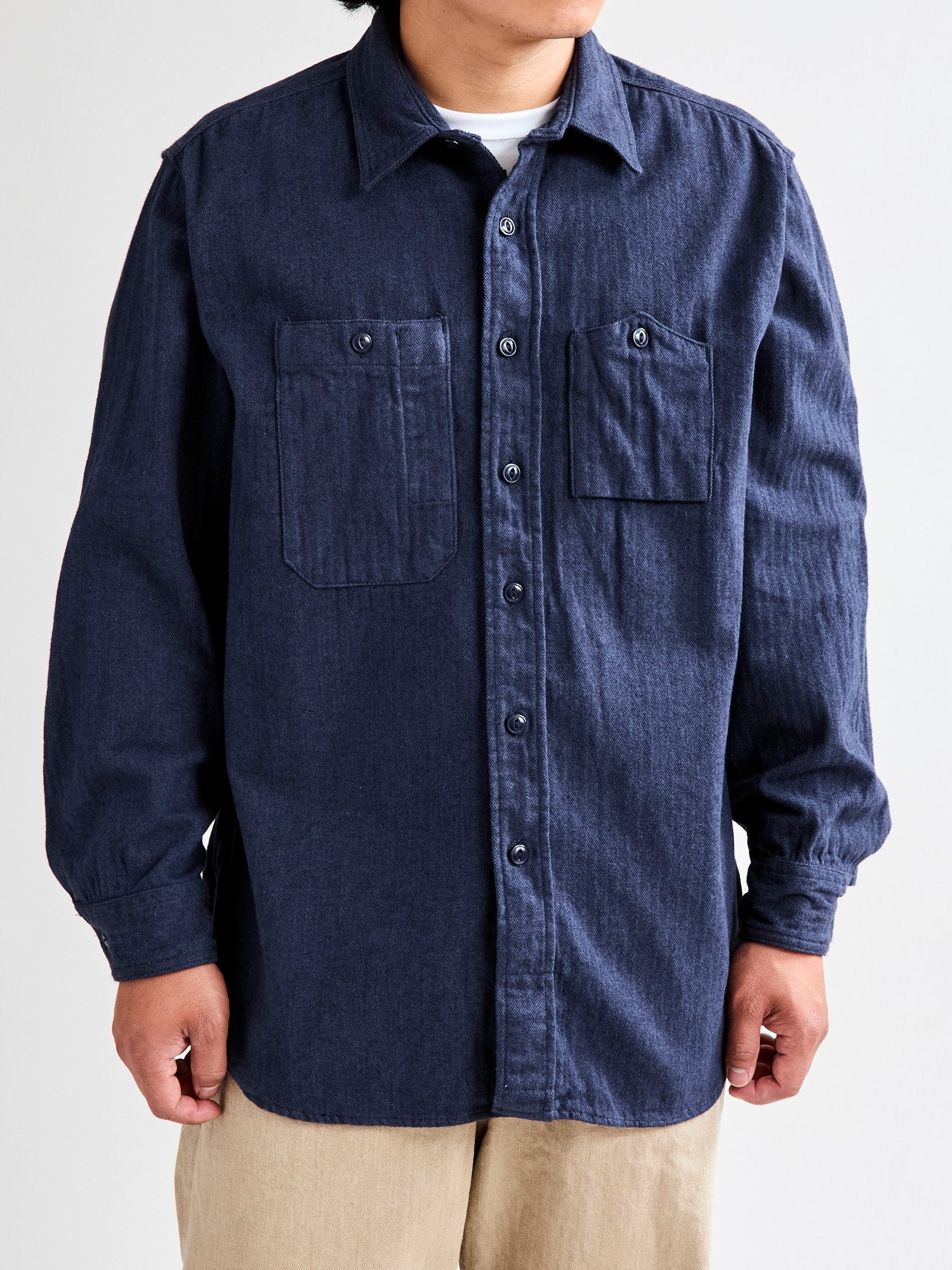 Engineered Garments Herringbone Work Shirt in Navy | REVERSIBLE