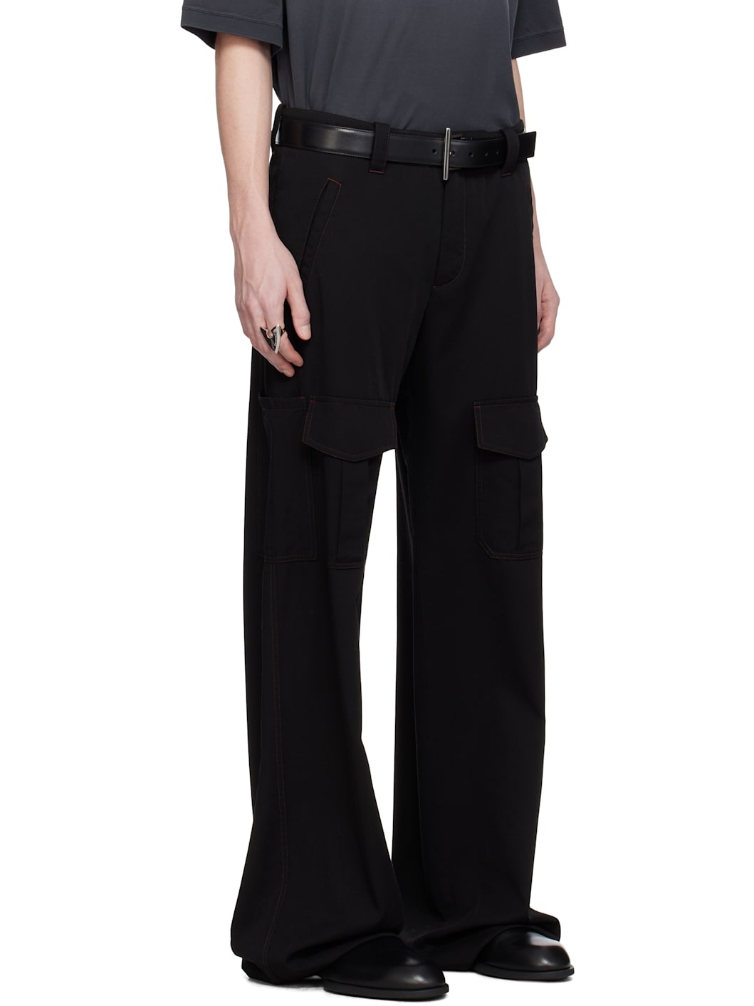 Black Wool Overdyed Low-Rise Cargo Pants - 2
