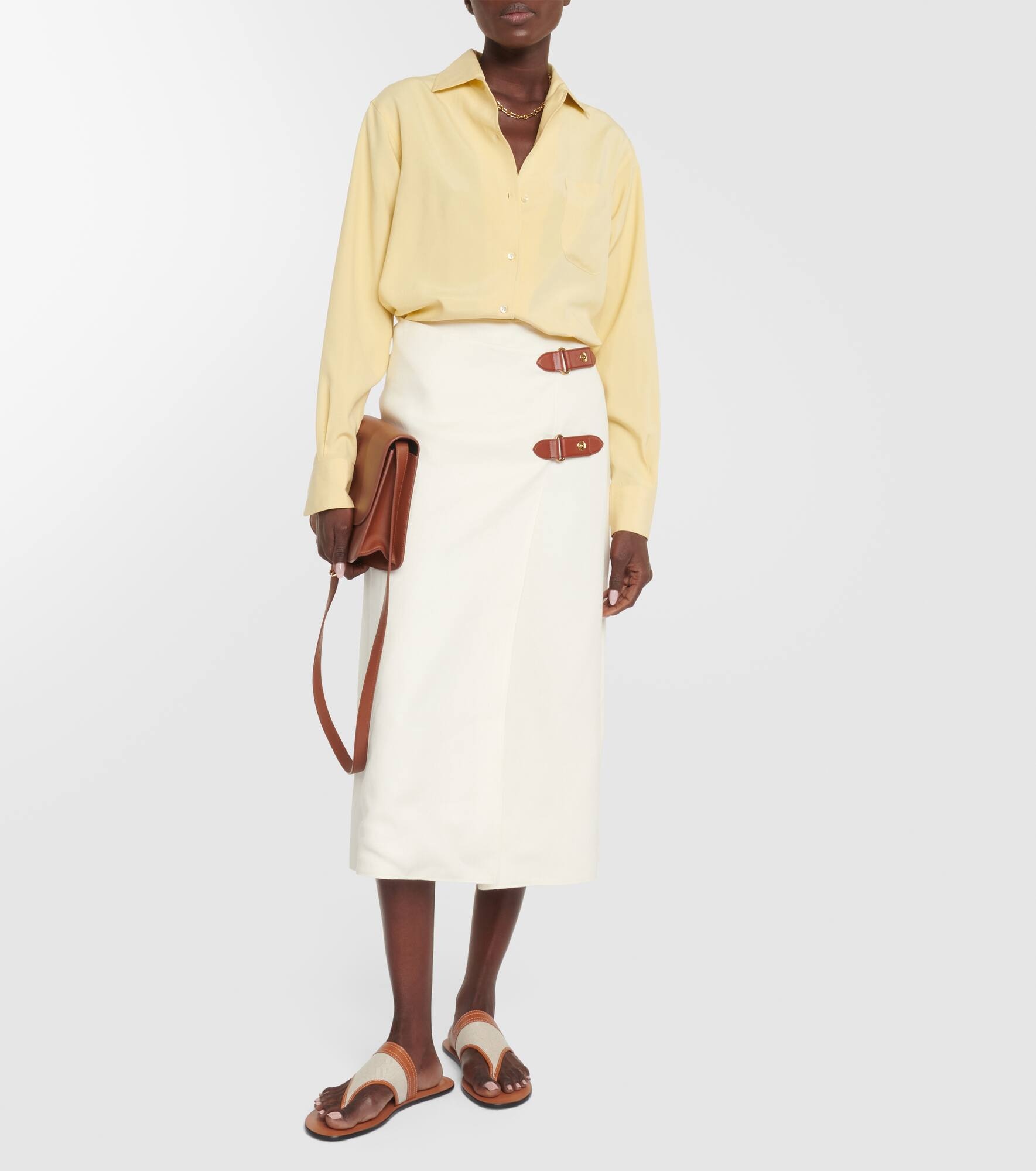 Leather-trimmed linen-blend midi skirt - 2
