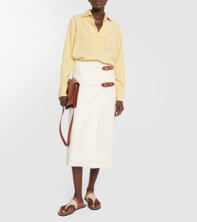 Loro Piana Leather-trimmed linen-blend midi skirt outlook