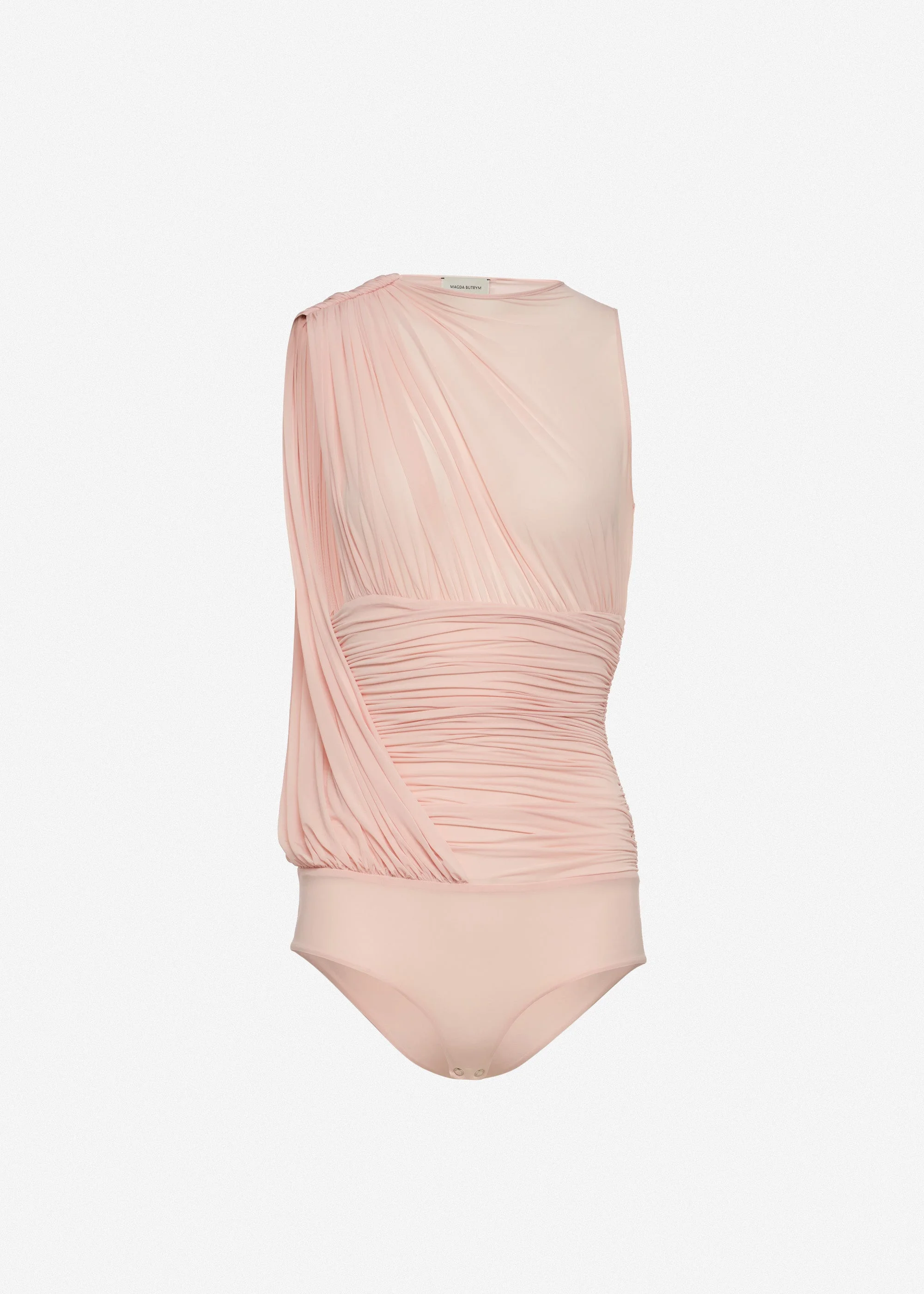 Sleeveless ruched bodysuit with draped shoulder detail in pink - 1