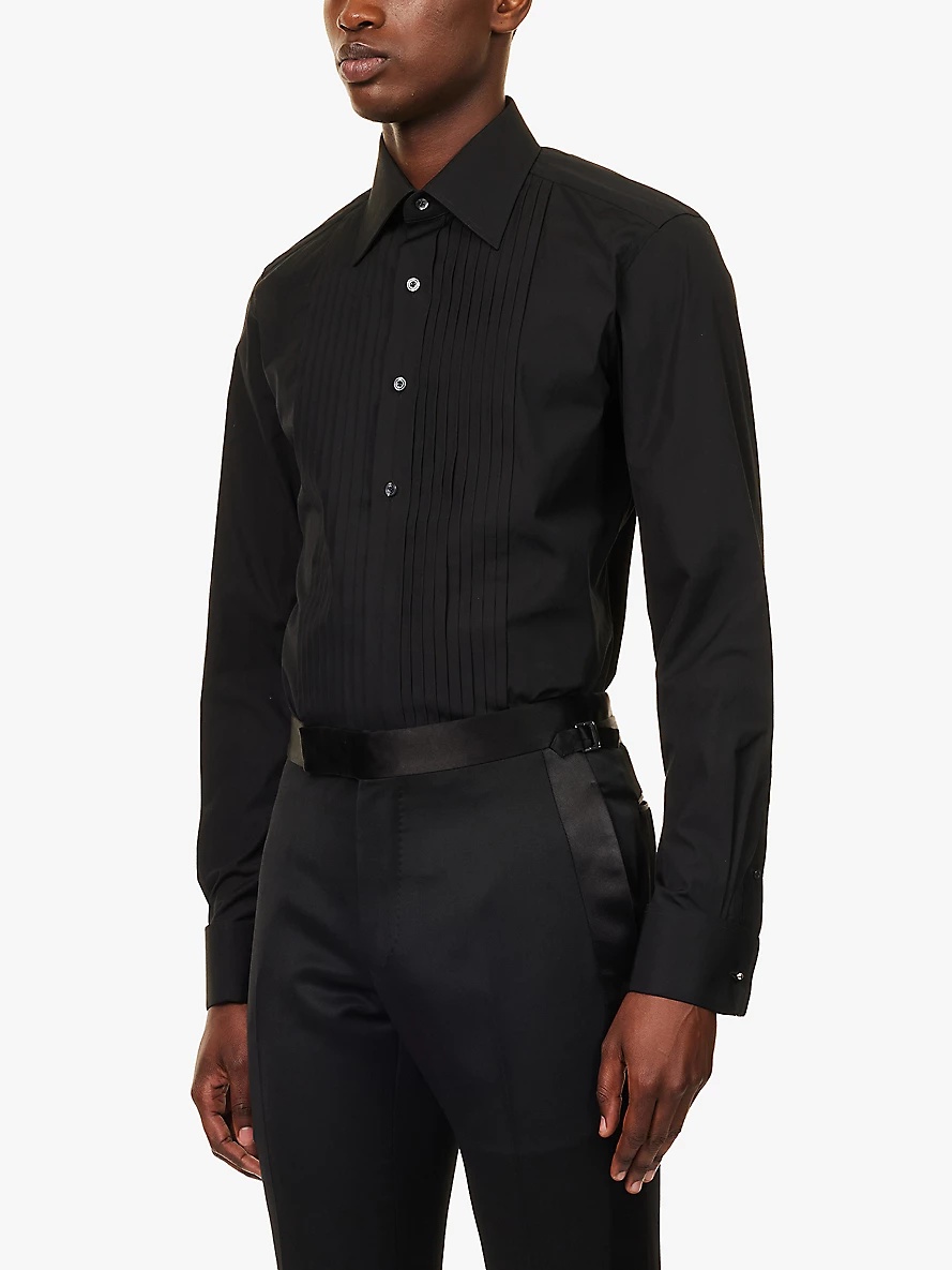 Pleated-bib slim-fit cotton shirt - 3