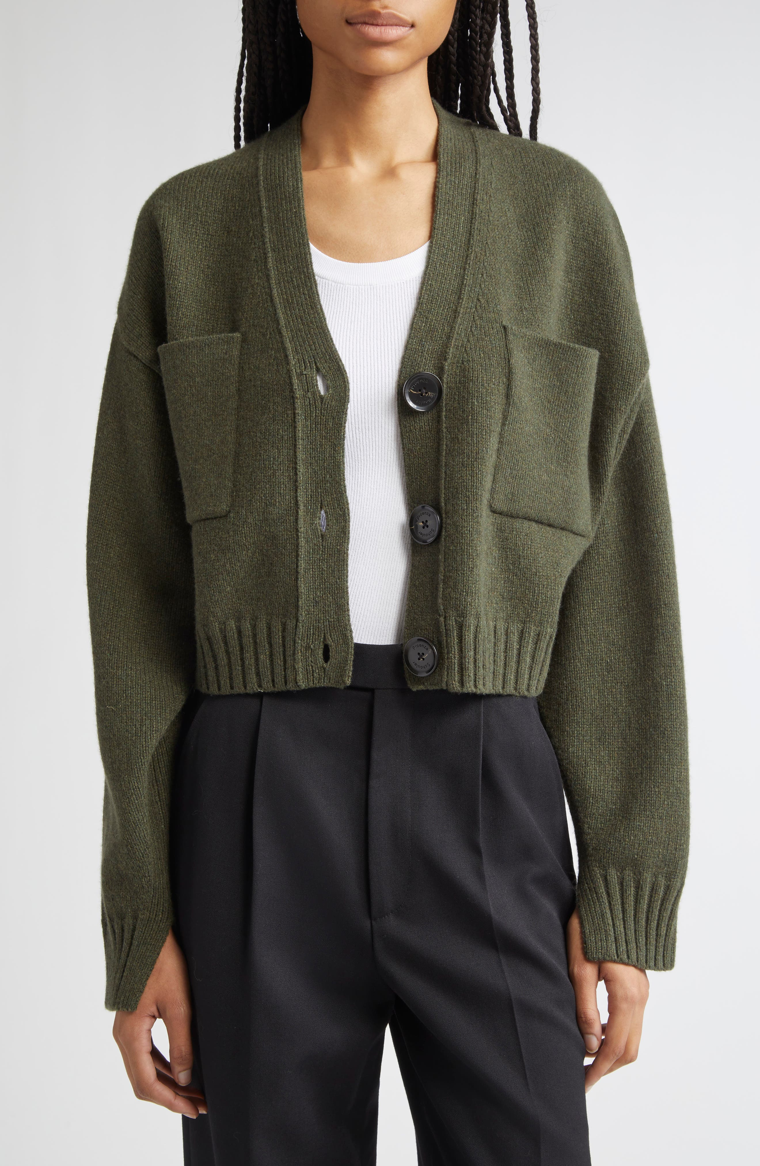Proenza Schouler Sofia Oversize Cashmere & Wool Crop Cardigan in Fatigue at Nordstrom - 1