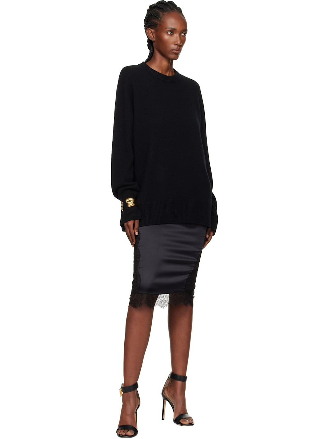 Black Knee-Length Lace Inserts Midi Skirt - 4