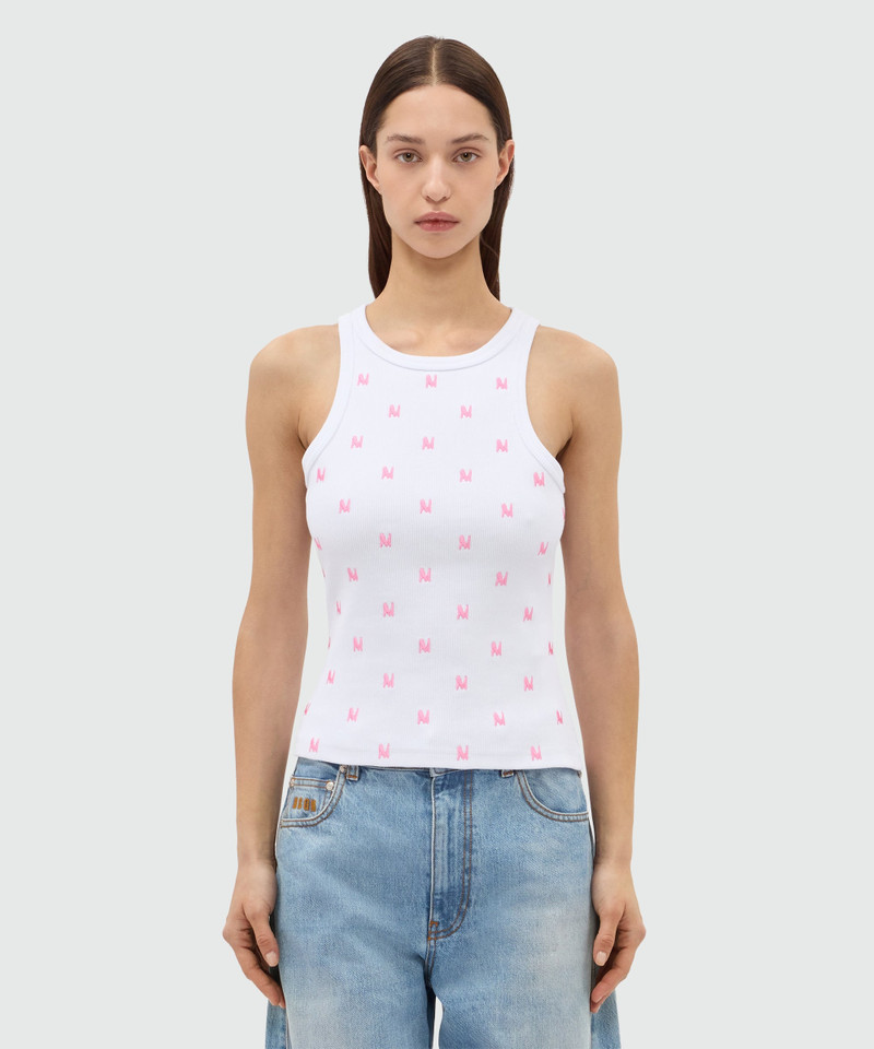 White ribbed cotton jersey top with all-over MWAVE embroidery 3