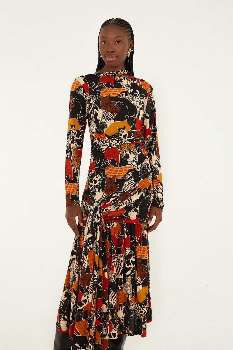 Multicolor Cats And Dogs Long Sleeve Draped Midi Dress 4
