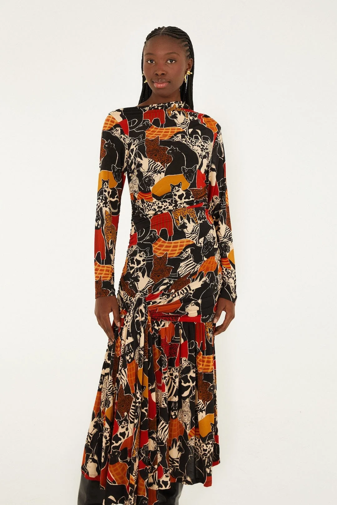 FARM RIO Multicolor Cats And Dogs Long Sleeve Draped Midi Dress - 344232 |  REVERSIBLE