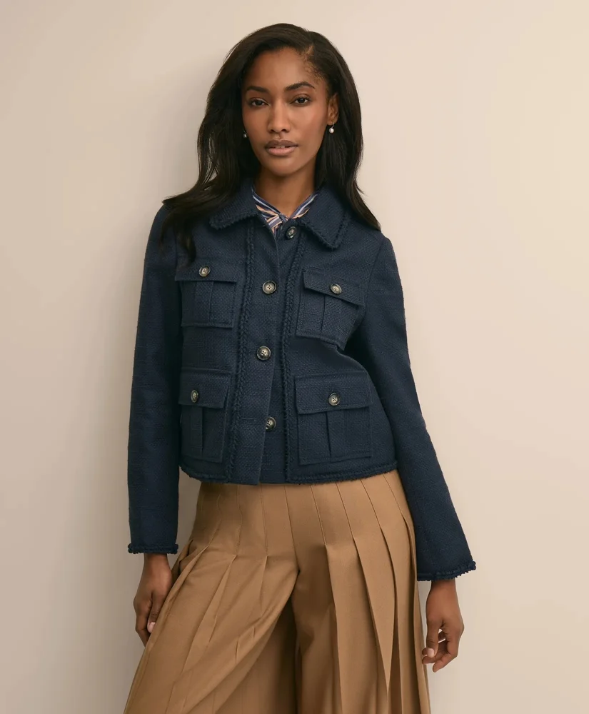 Cotton-Blend Braid-Trim Textured Jacket - 1