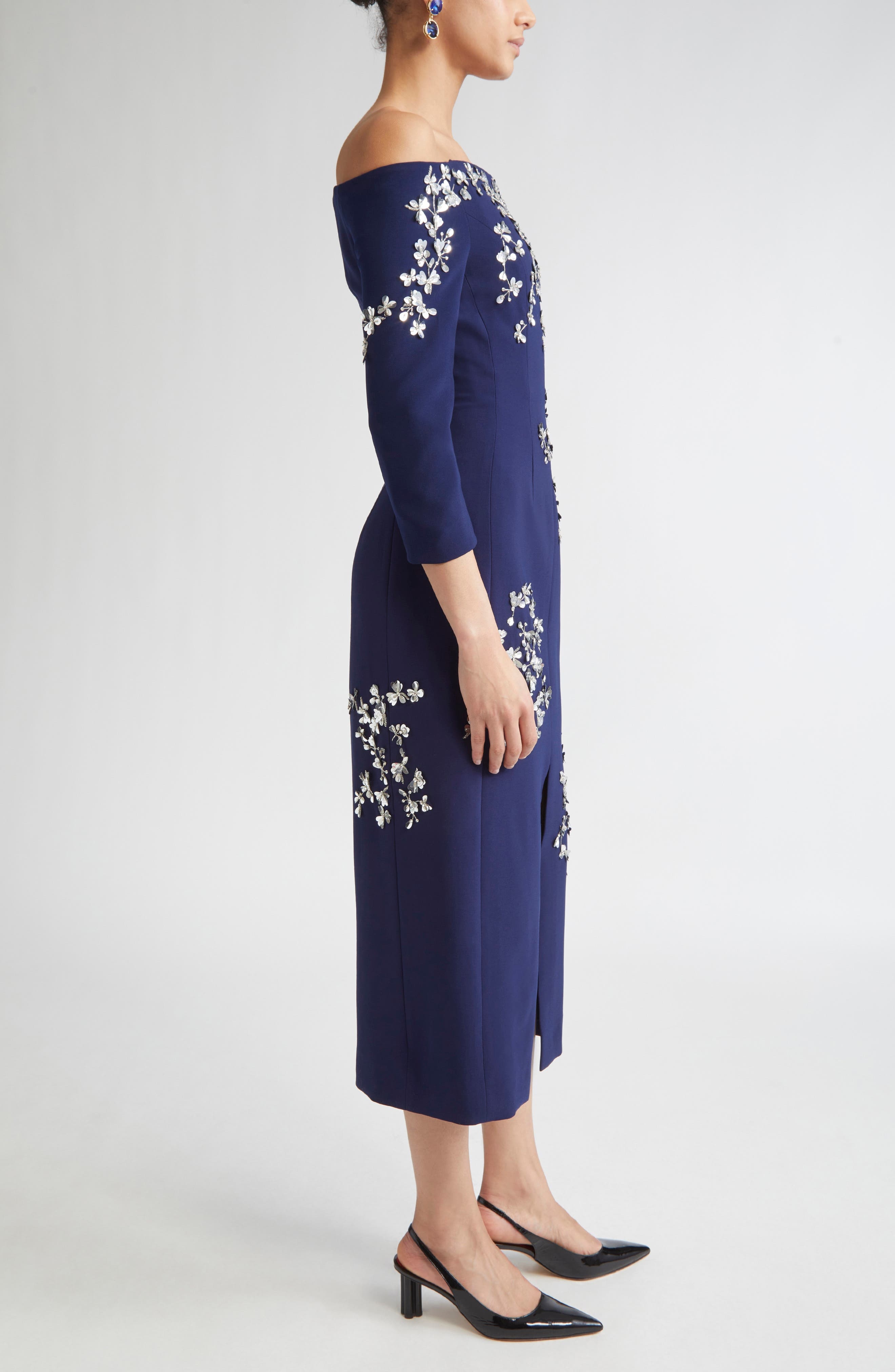 Carolina Herrera Floral Appliqué Off the Shoulder Stretch Crepe Midi Dress in Midnight at Nordstrom - 3