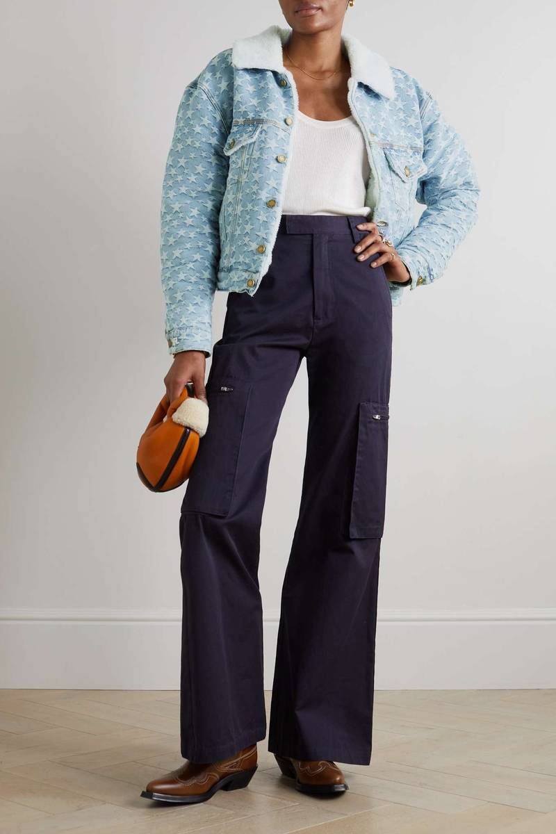 ERL Fleece-trimmed denim-jacquard jacket outlook