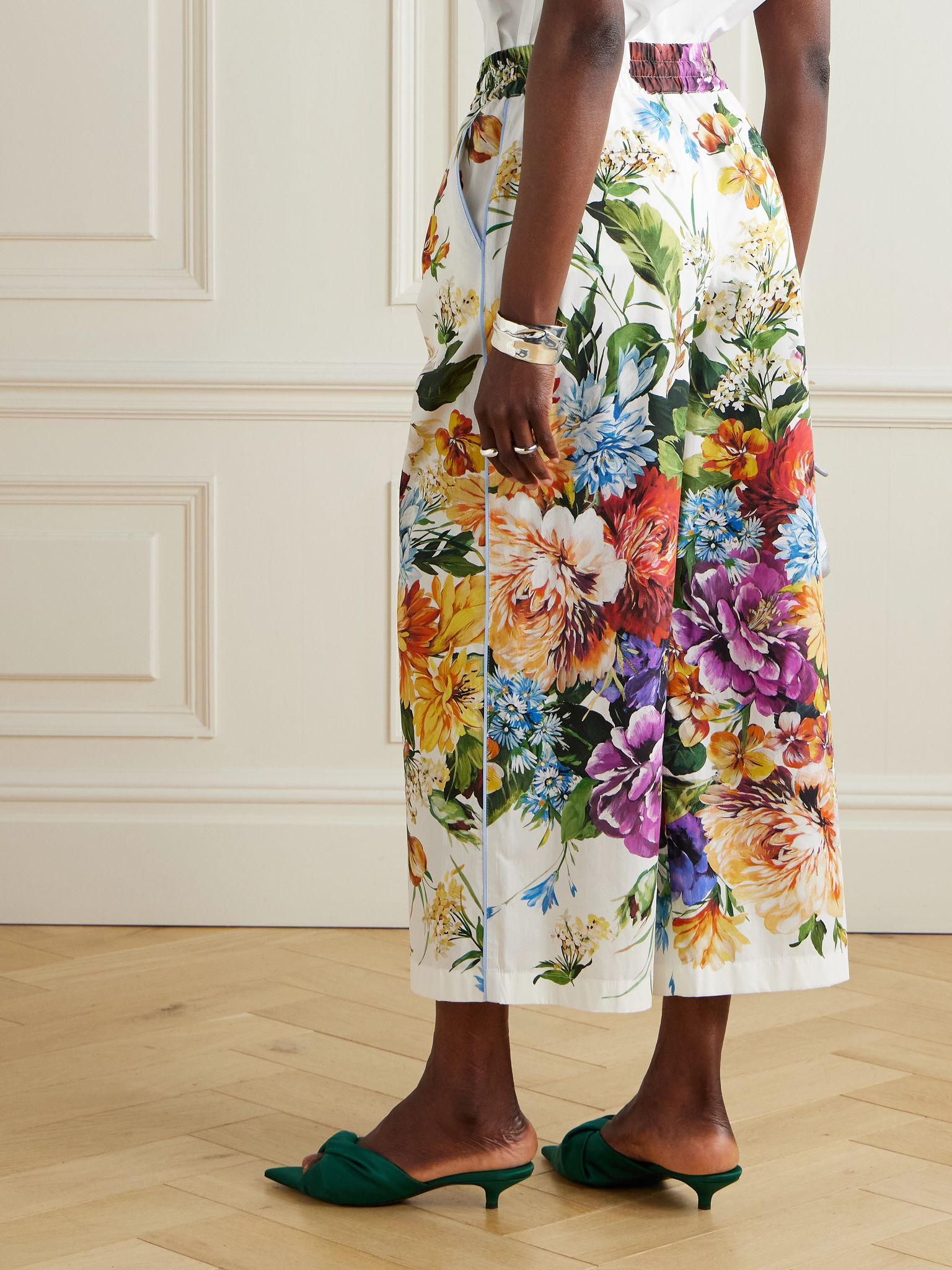 Floral-print cotton-poplin wide-leg pants White - 3