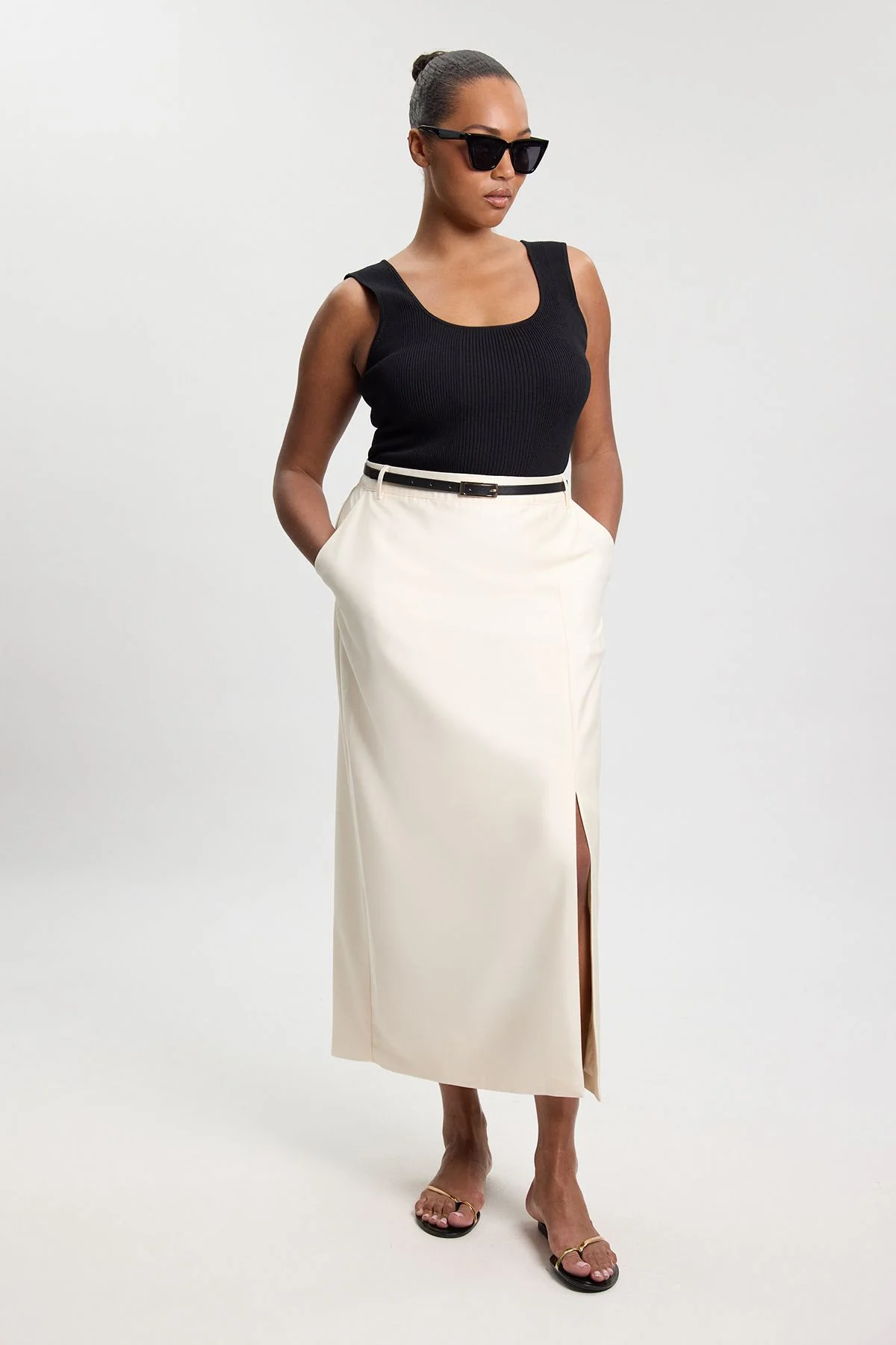 Plus Size Tailored Satin Midi Pencil Skirt - 1
