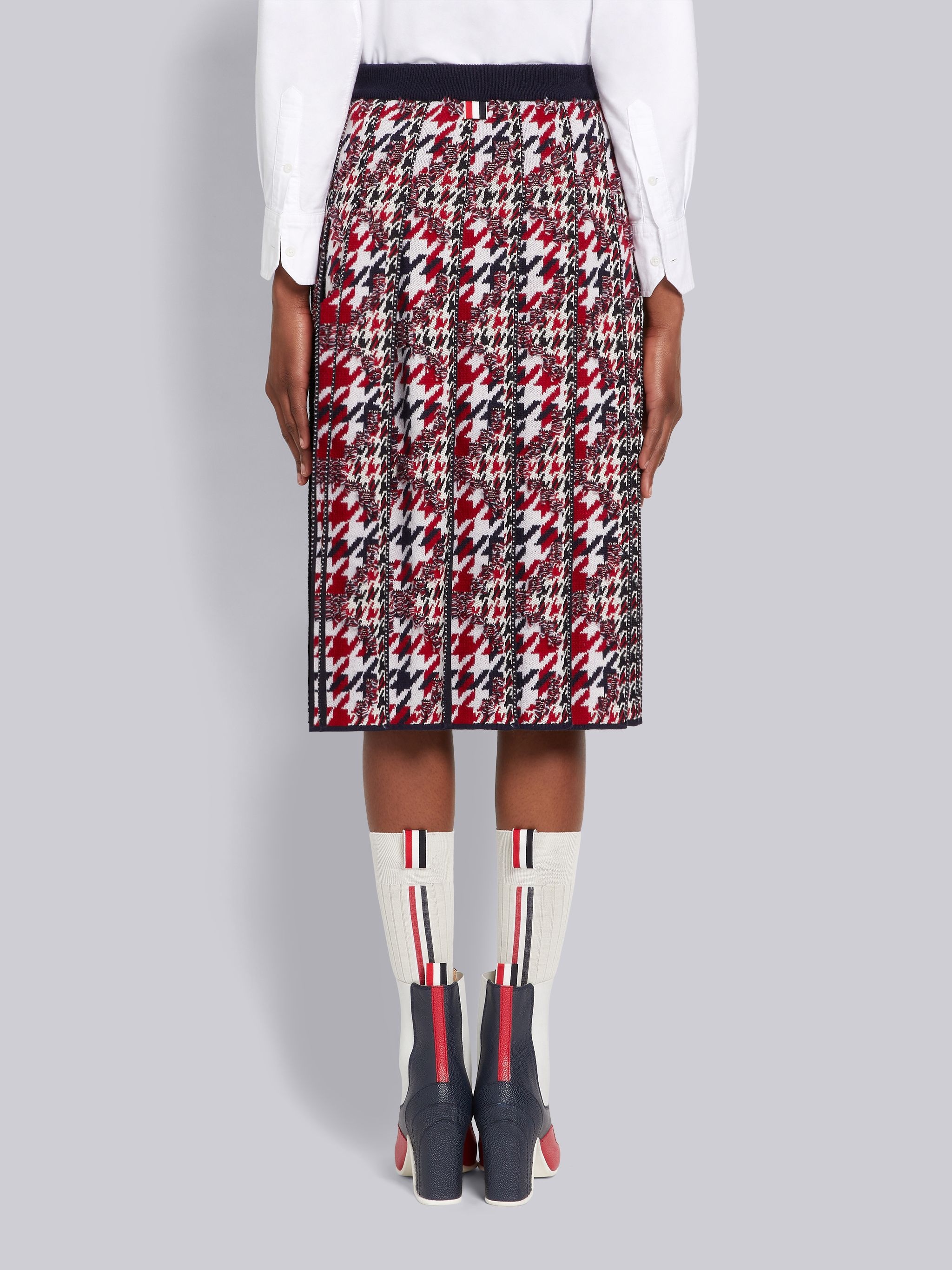 Multicolor Frayed Houndstooth Wool Cotton Jacquard Pleated Below-the-Knee Skirt - 3