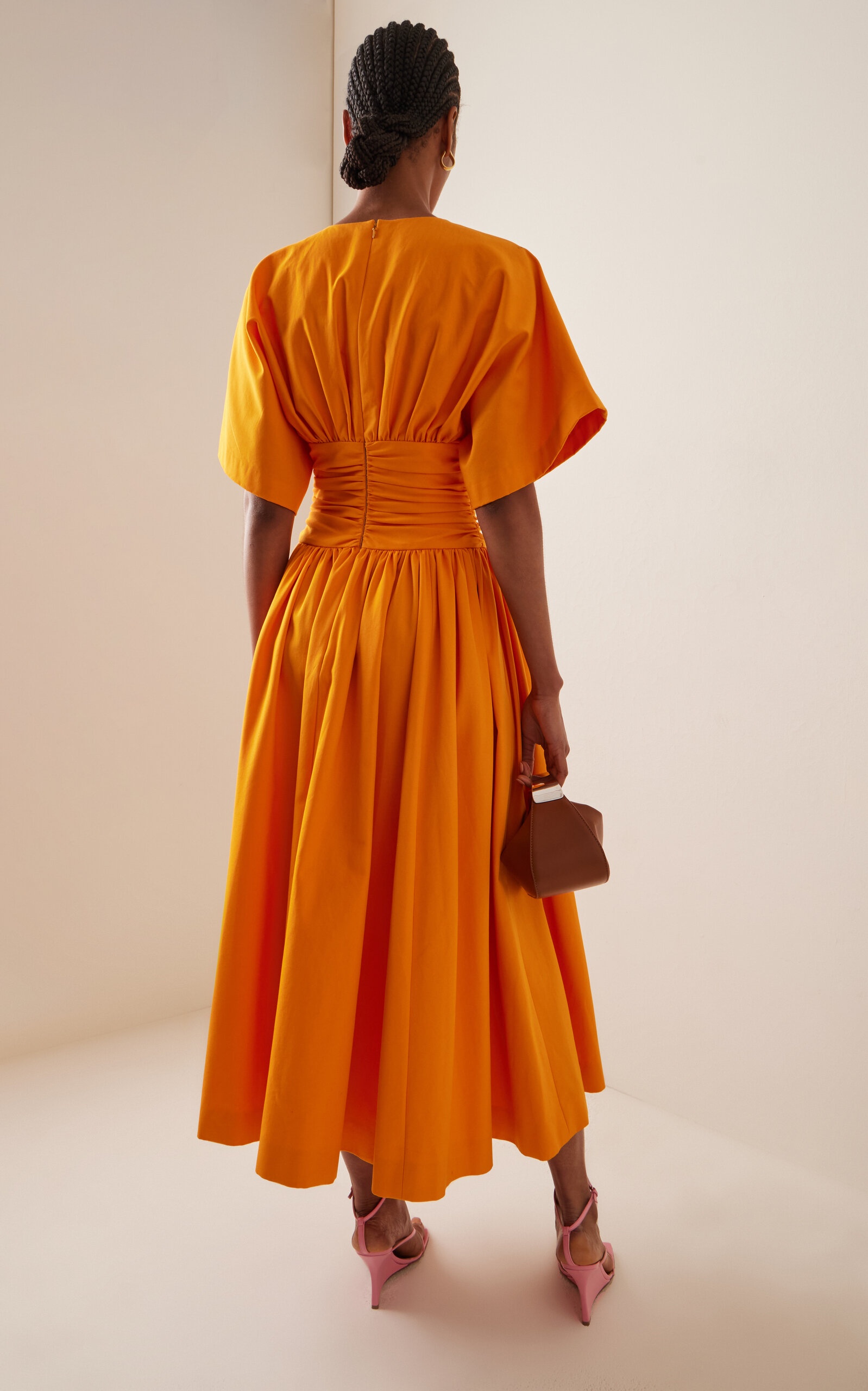 Ruched Cotton Poplin Midi Dress orange - 4
