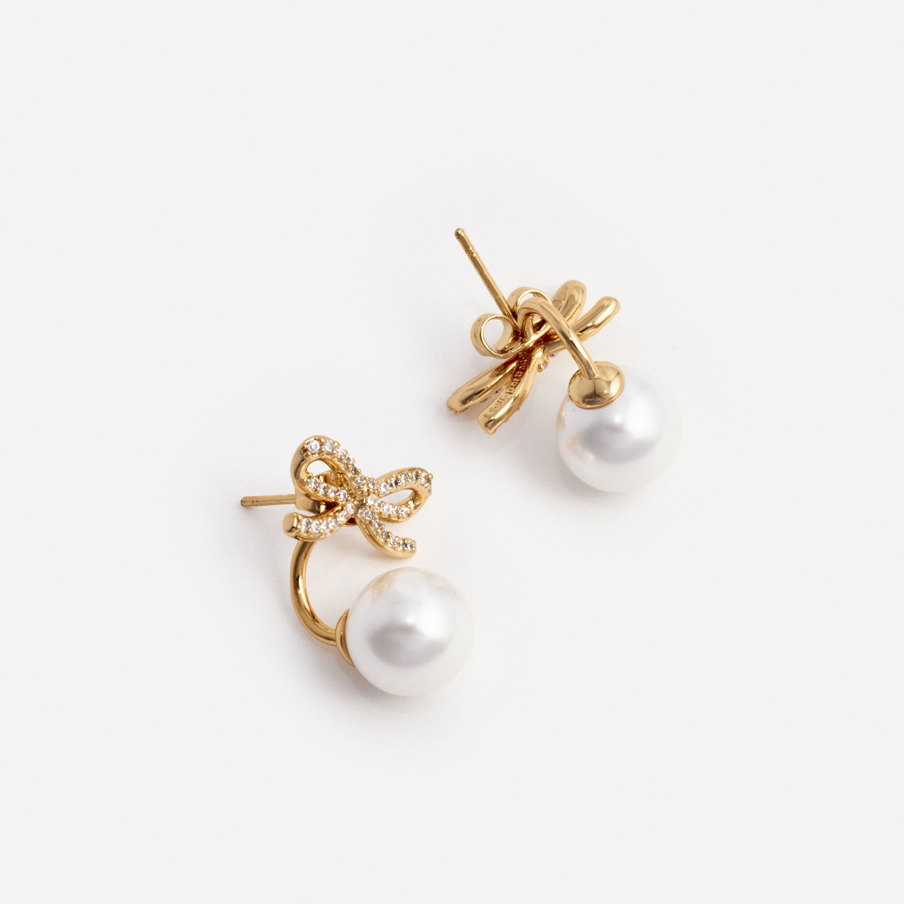 Gold Bow Pearl Jacket Earrings - 2