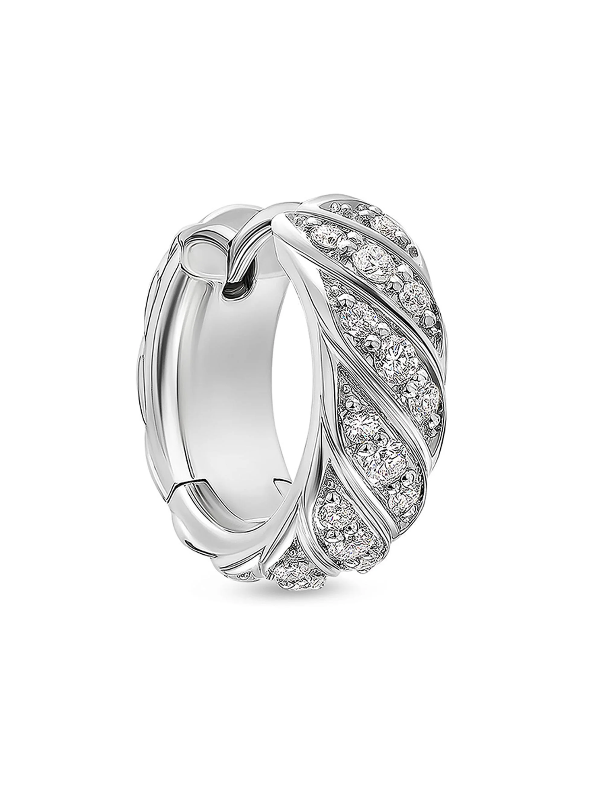 Men's Sculpted Cable Hoop Earring in 18K White Gold with Diamonds, 12.8MM - Silver - 1