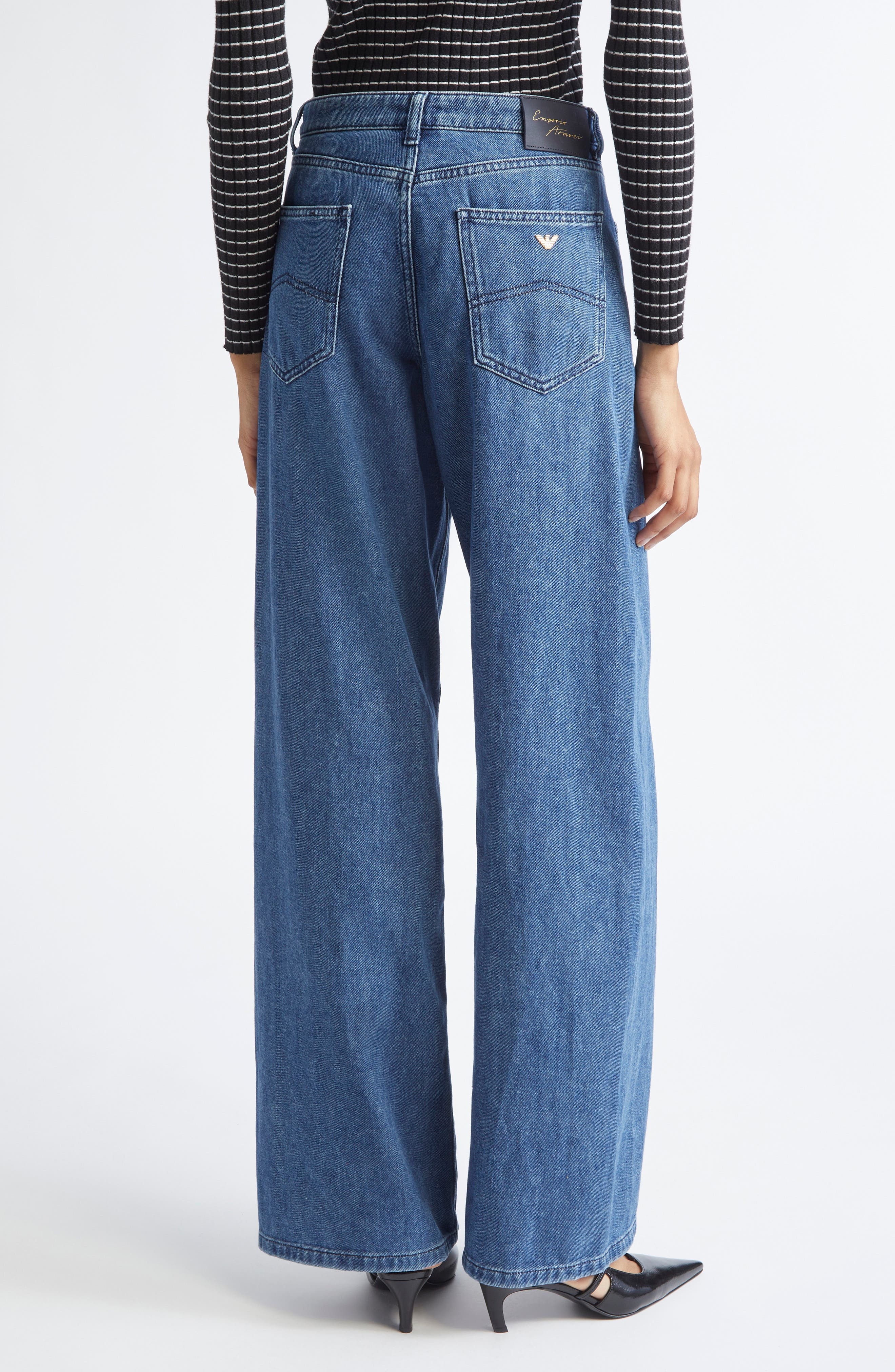 Emporio Armani Twist Seam High Waist Barrel Leg Jeans in Solid Medium Blue at Nordstrom - 3