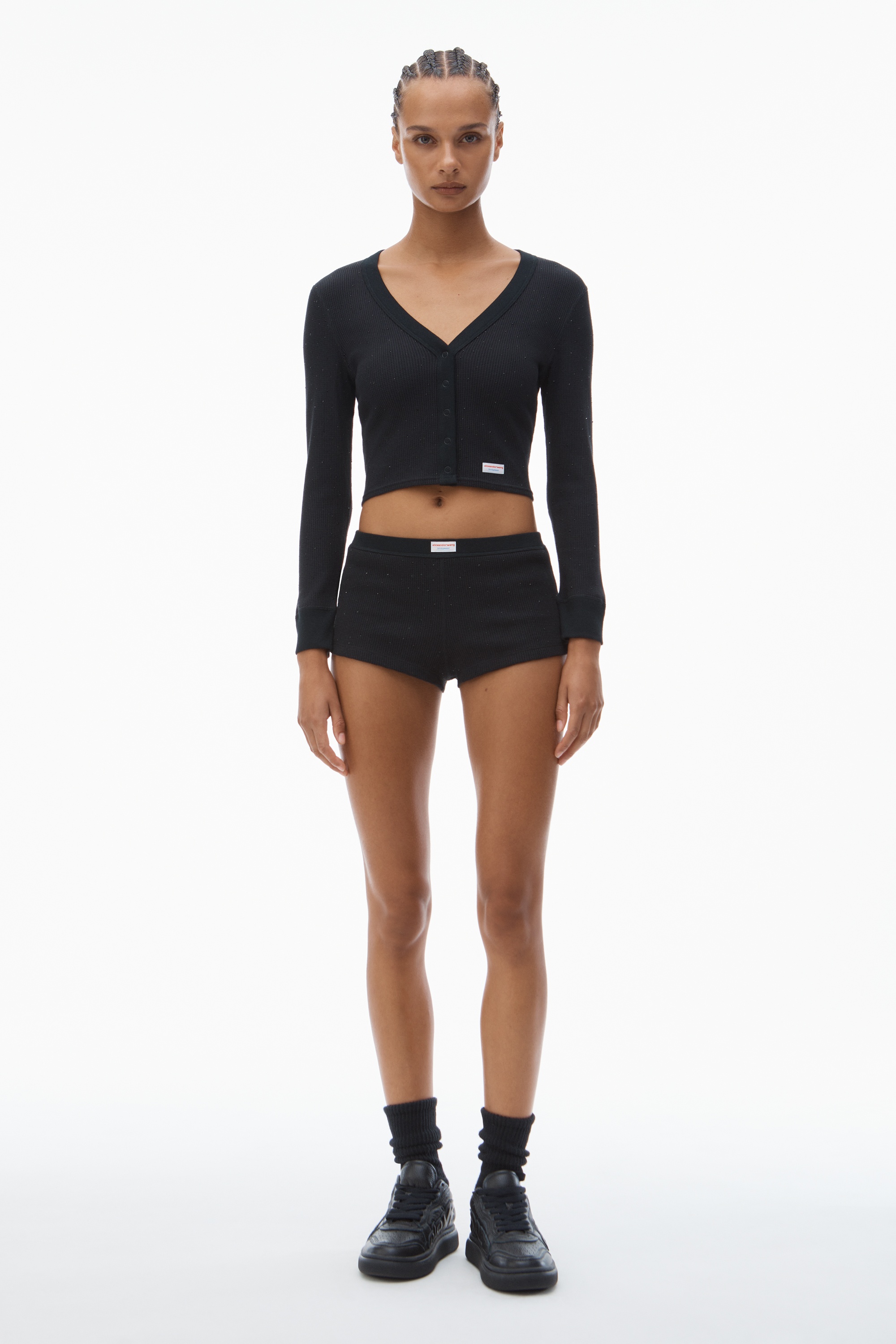 Crystal Hotfix Long-Sleeve Cardigan in Waffle Knit - 5