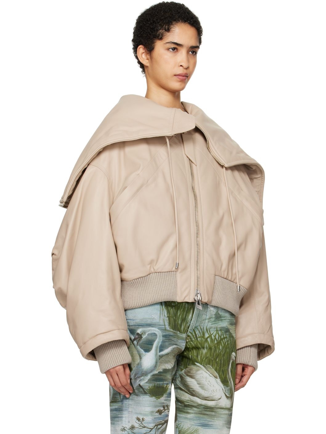 Biege Padded Leather Bomber Jacket - 2