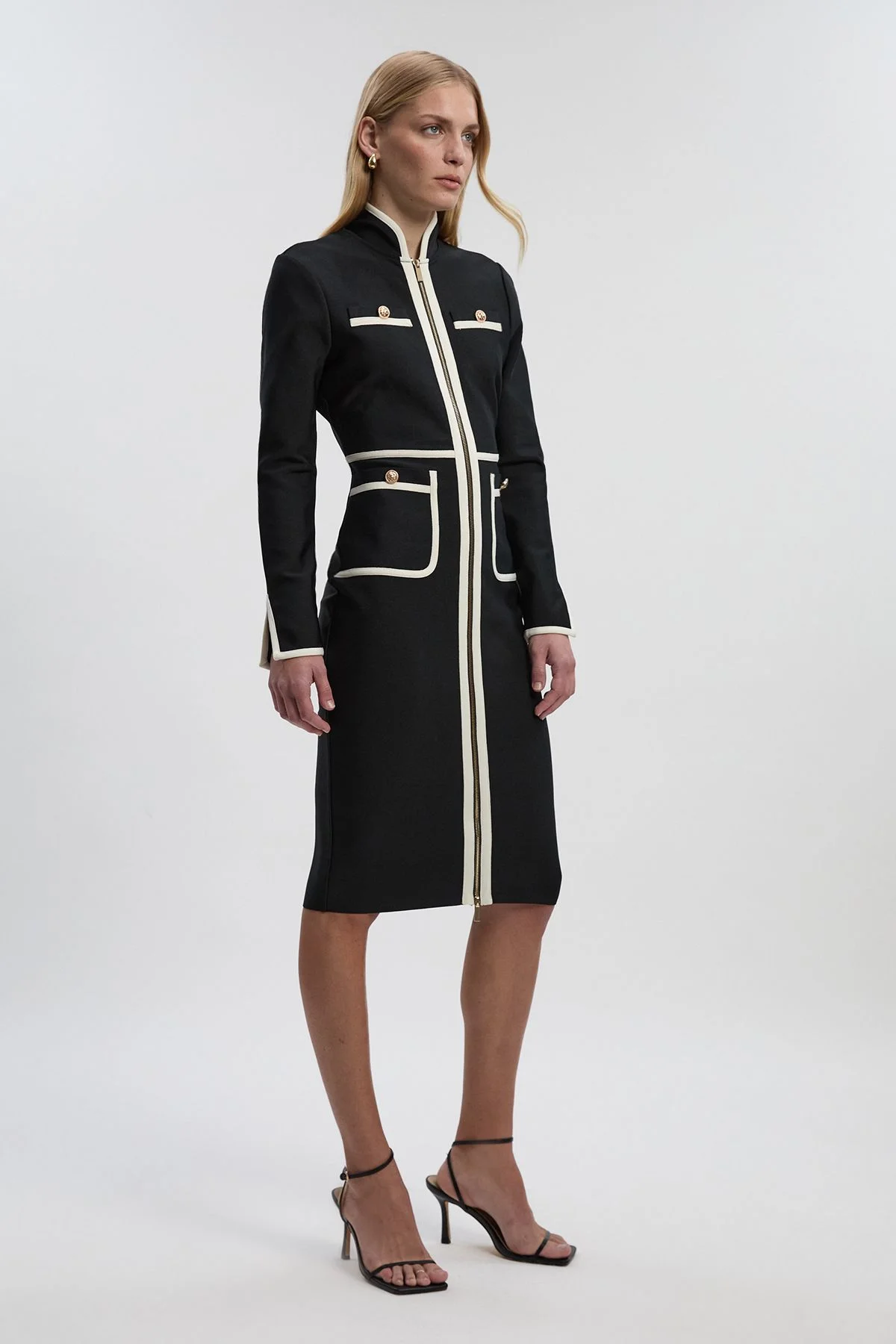 Figure Form Bandage Knit Piping Detail Military Midi Dress - 1