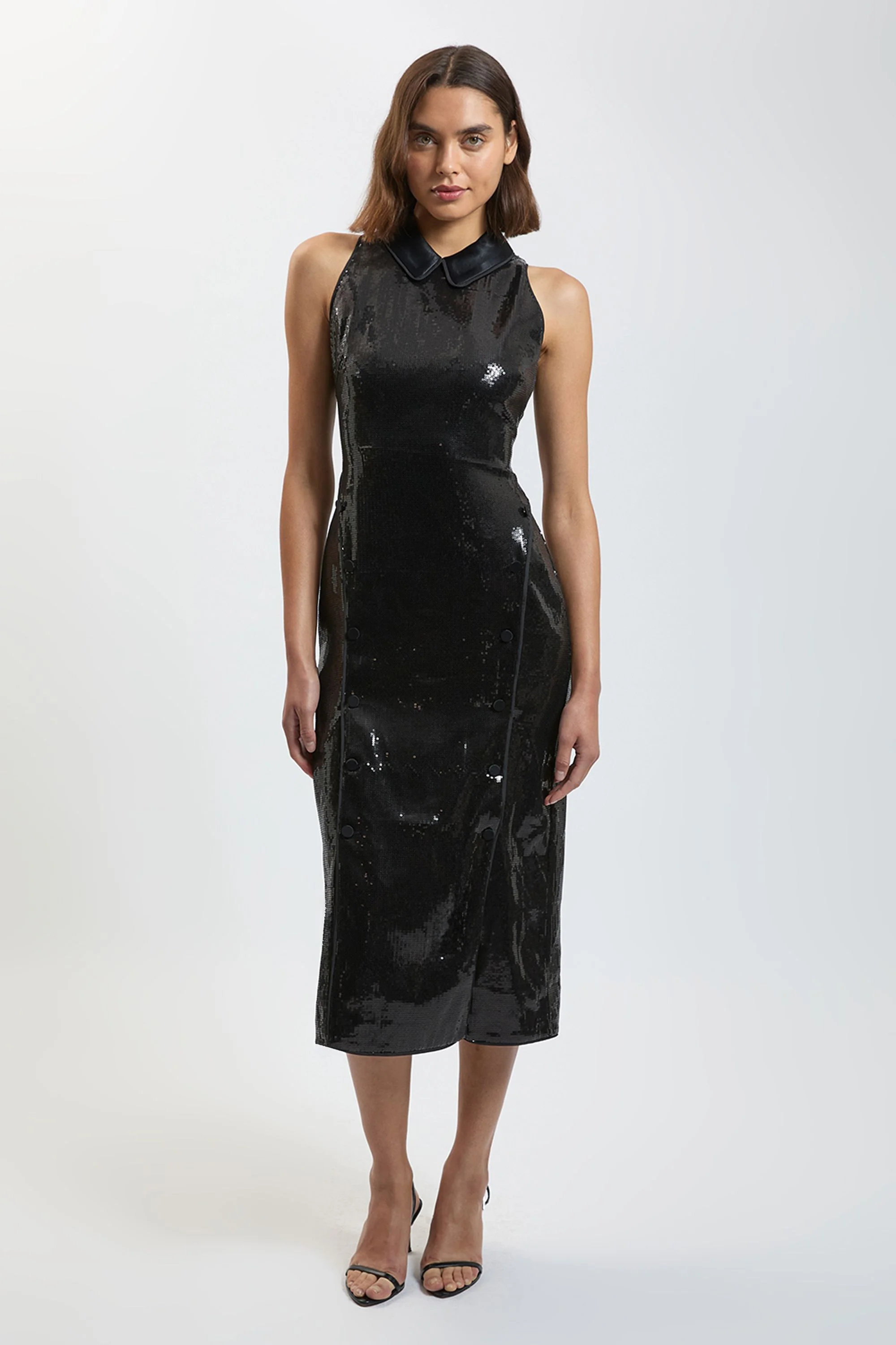 Sequin and Satin Mix Tailored Midi Dress - 1
