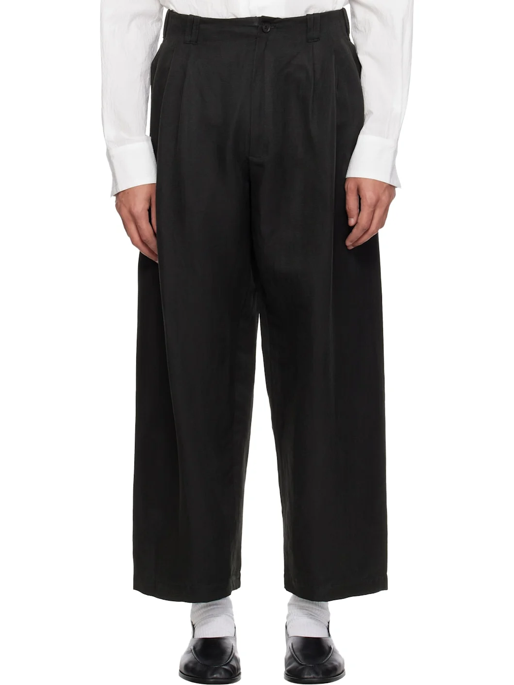 Black Linen Silk Kersey 3pleated Tapered Trousers - 1