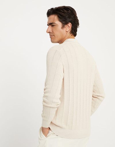 Brunello Cucinelli Cotton textured rib knit polo with long sleeves outlook