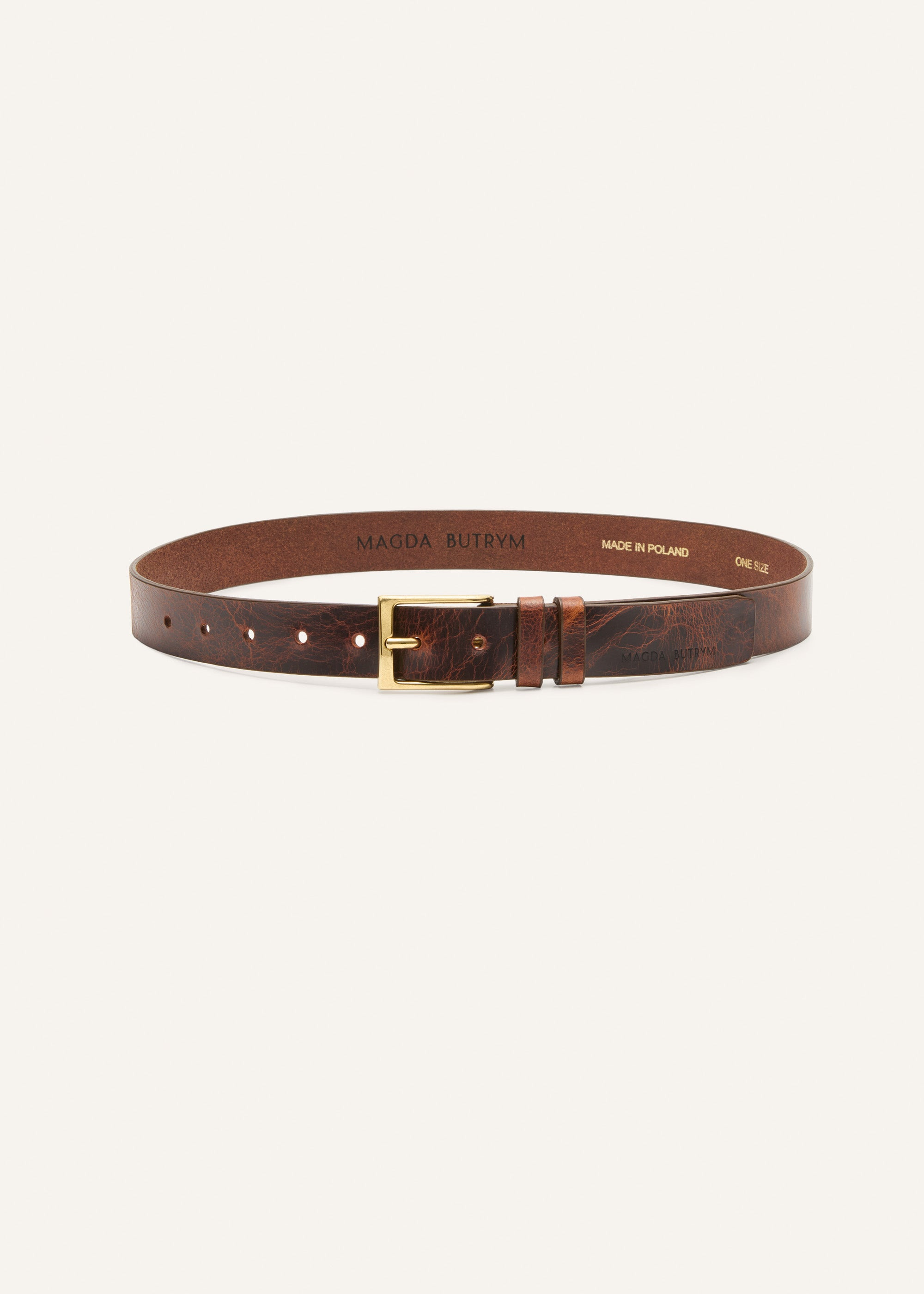 Patina brown leather belt with gold buckle - 2