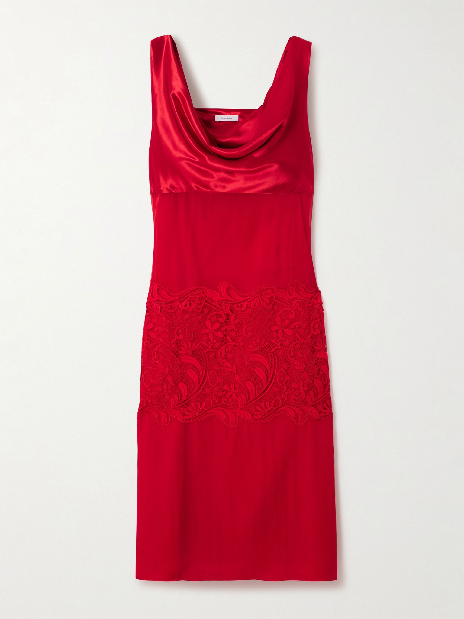 Draped satin- and lace-paneled silk-chiffon midi dress Red - 1