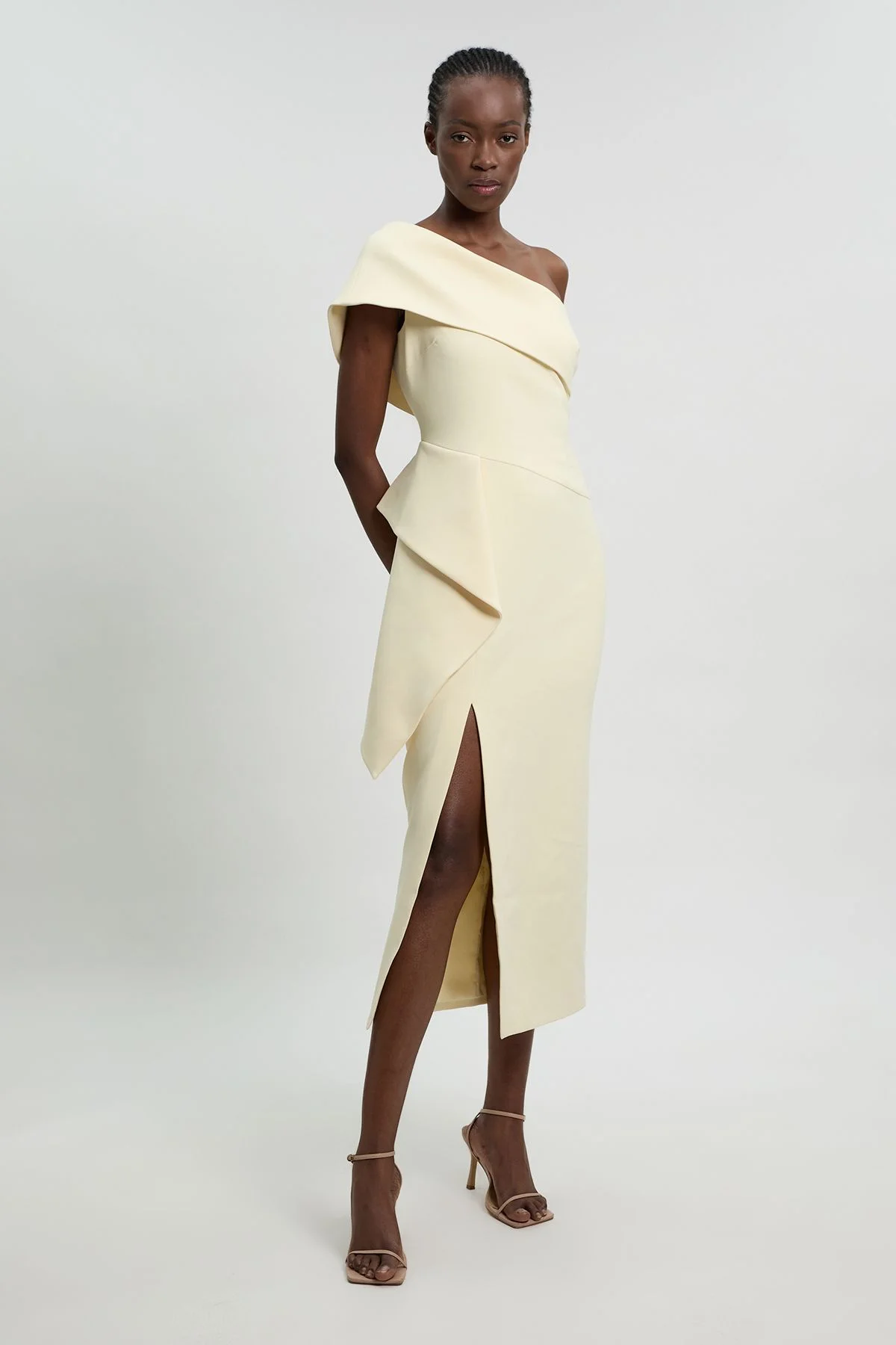 Compact Stretch Ruffle Detail Asymmetric Pencil Dress - 1
