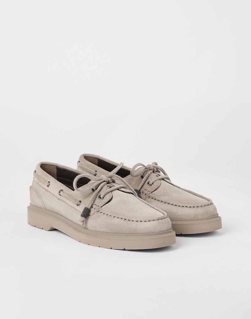 Suede sail penny loafers with shiny aglets 1