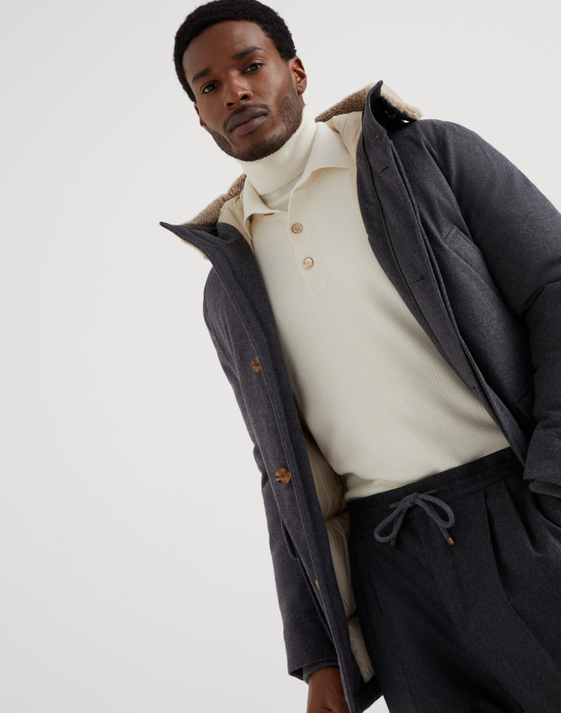 Bonded wool flannel hooded down parka with shearling insert 4