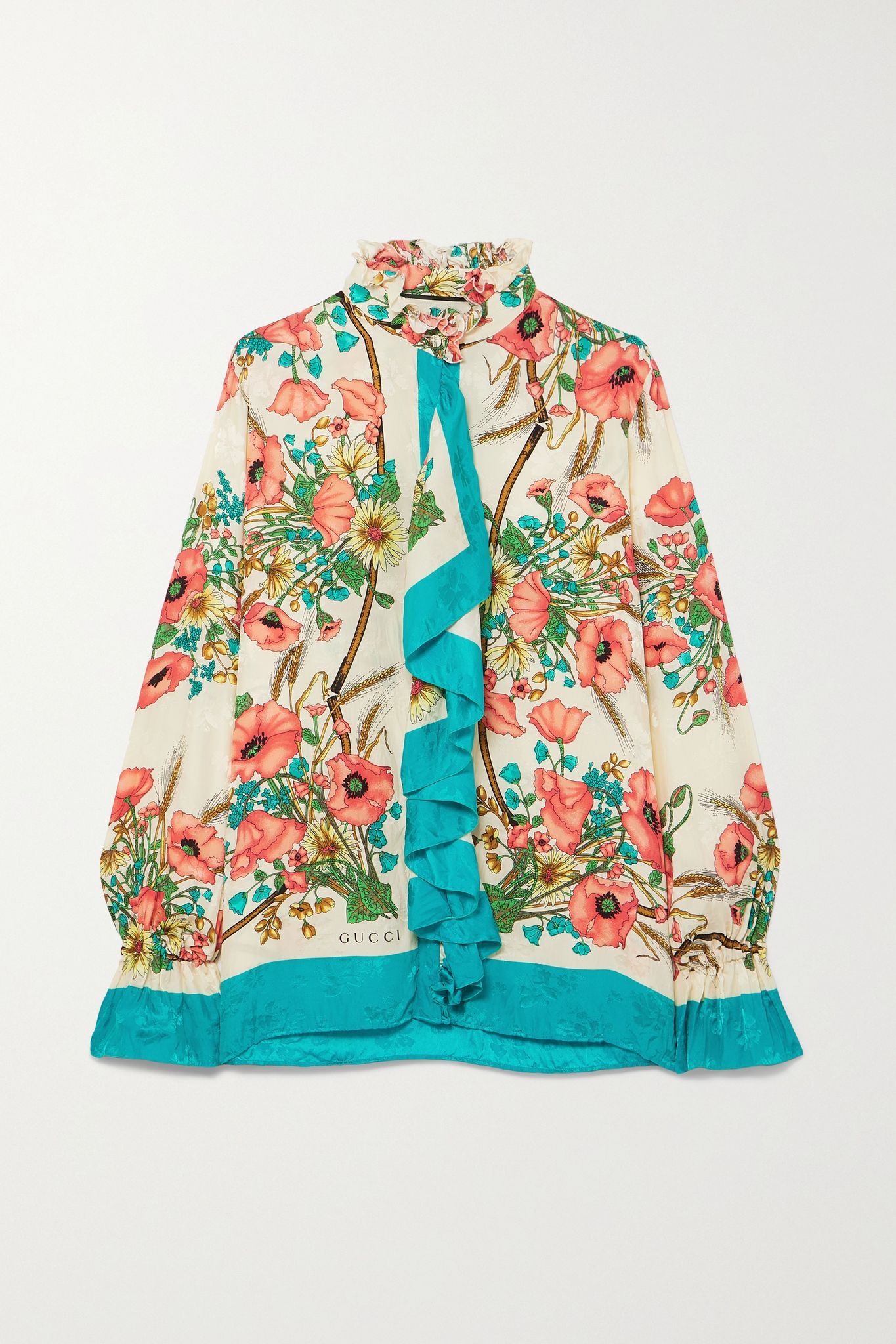 Ruffled floral-print silk-jacquard blouse - 1