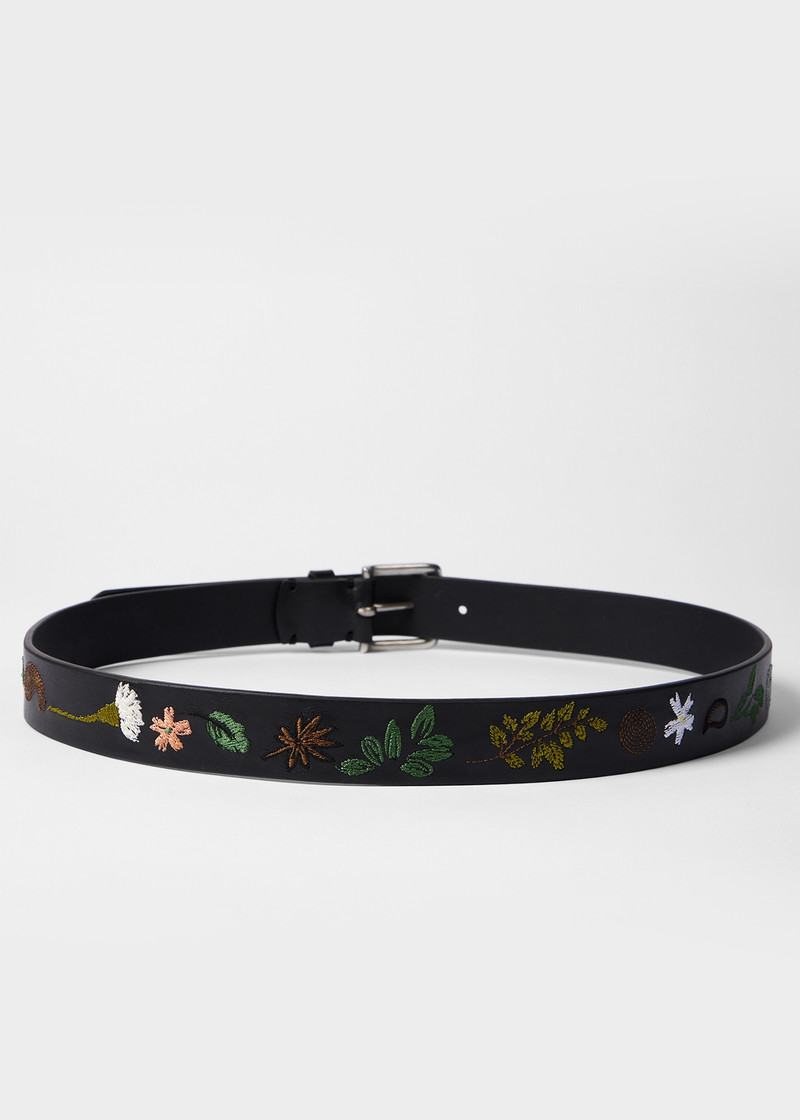 Black Leather 'Contrast Floral' Embroidery Belt 5