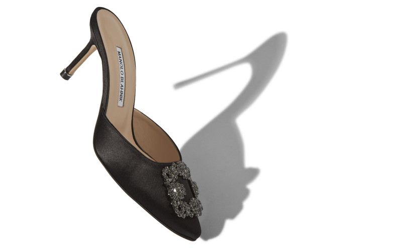Manolo Blahnik Black Satin Jewel Buckle Mules outlook