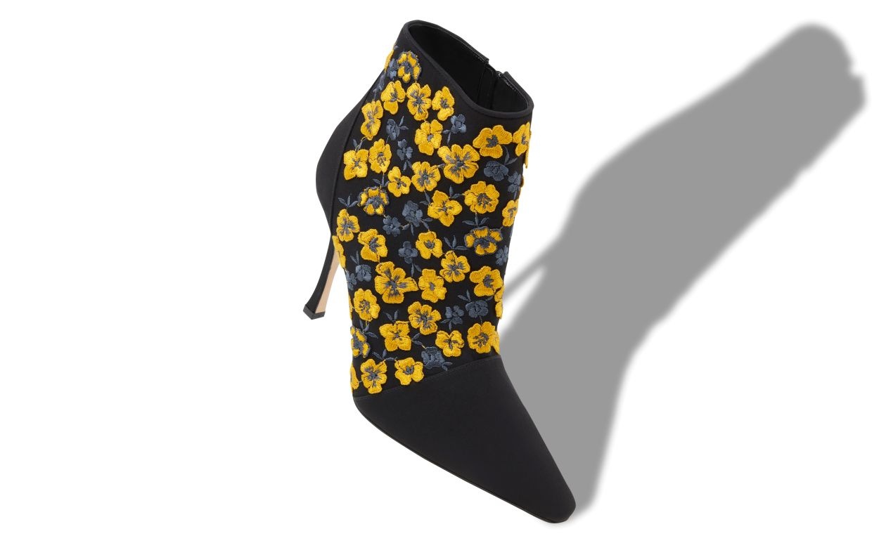 Black and Yellow Silk Embroidered Ankle Boots - 2