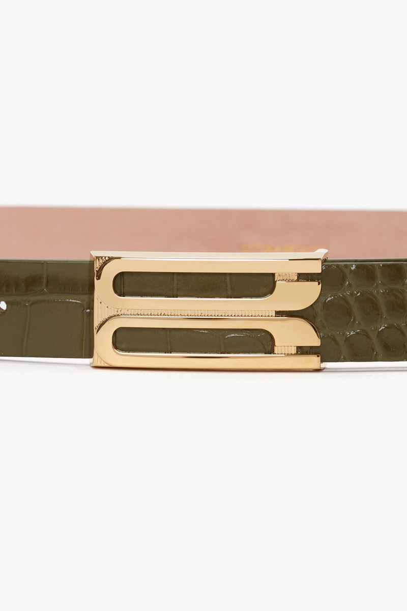 Exclusive Frame Belt In Khaki Croc Embossed Calf Leather 4