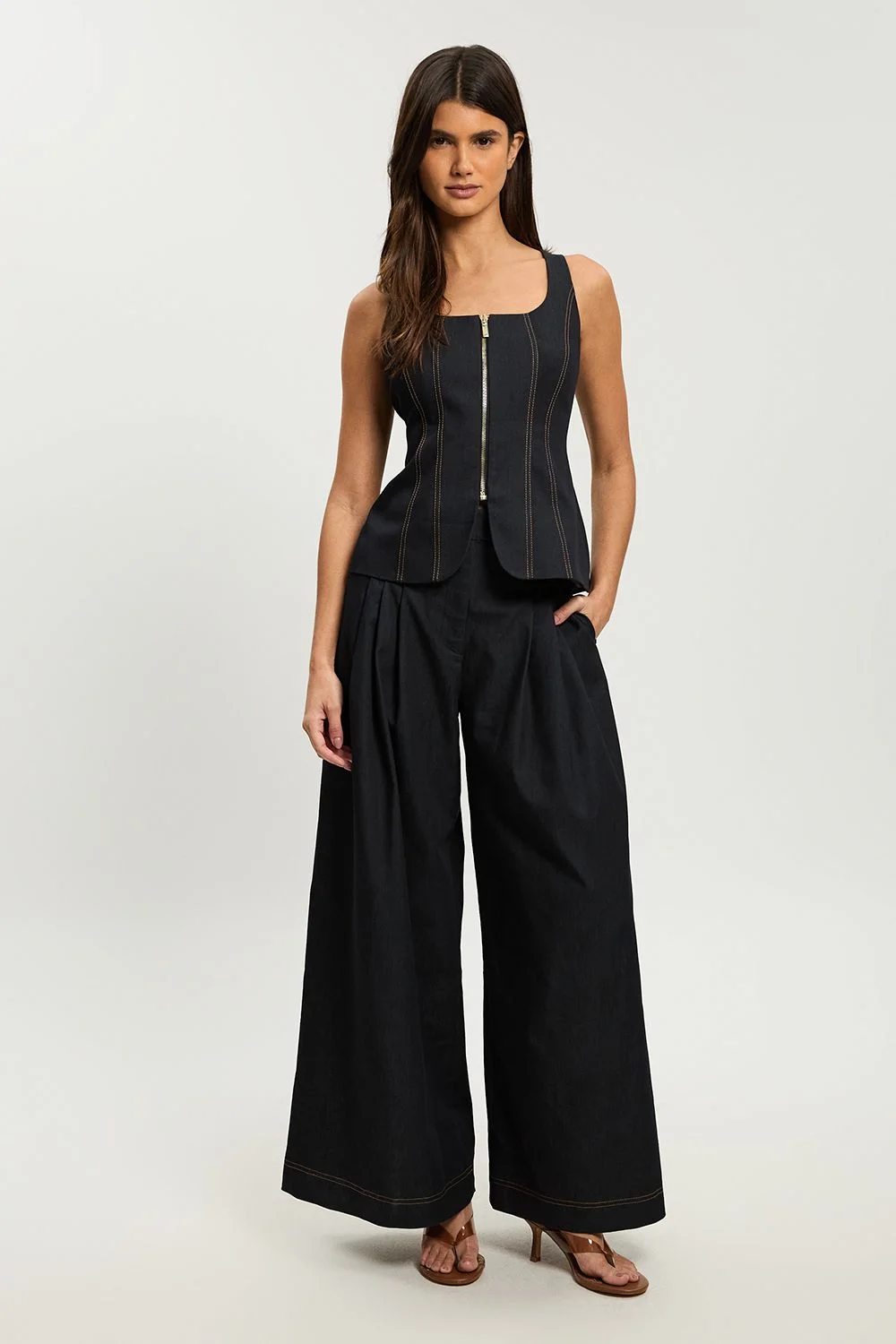 Petite Tailored Denim Peplum Wide Leg Jumpsuit - 1