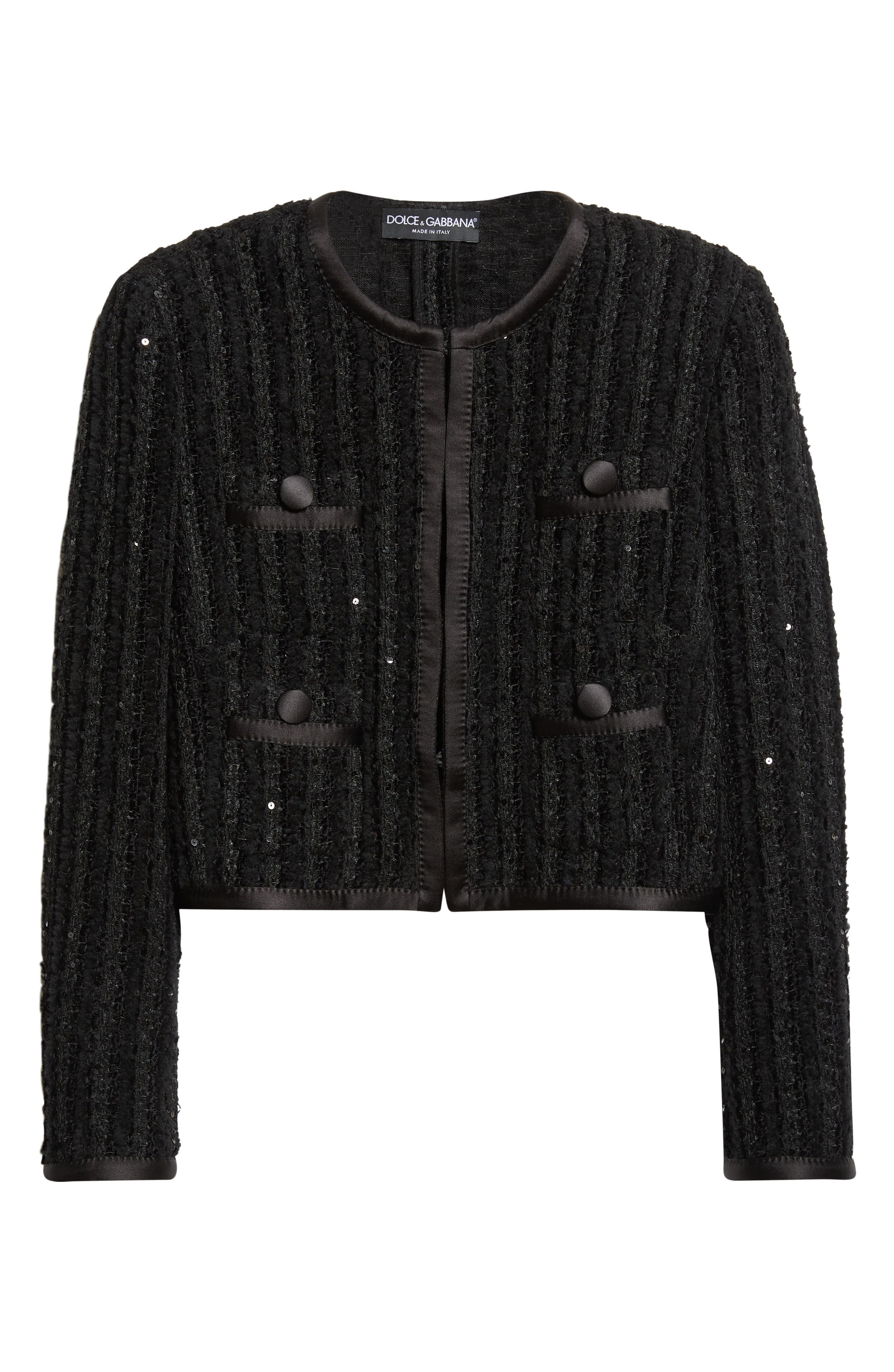 Dolce&Gabbana Sequin Bouclé Tweed Crop Jacket in N0000 Nero at Nordstrom - 7
