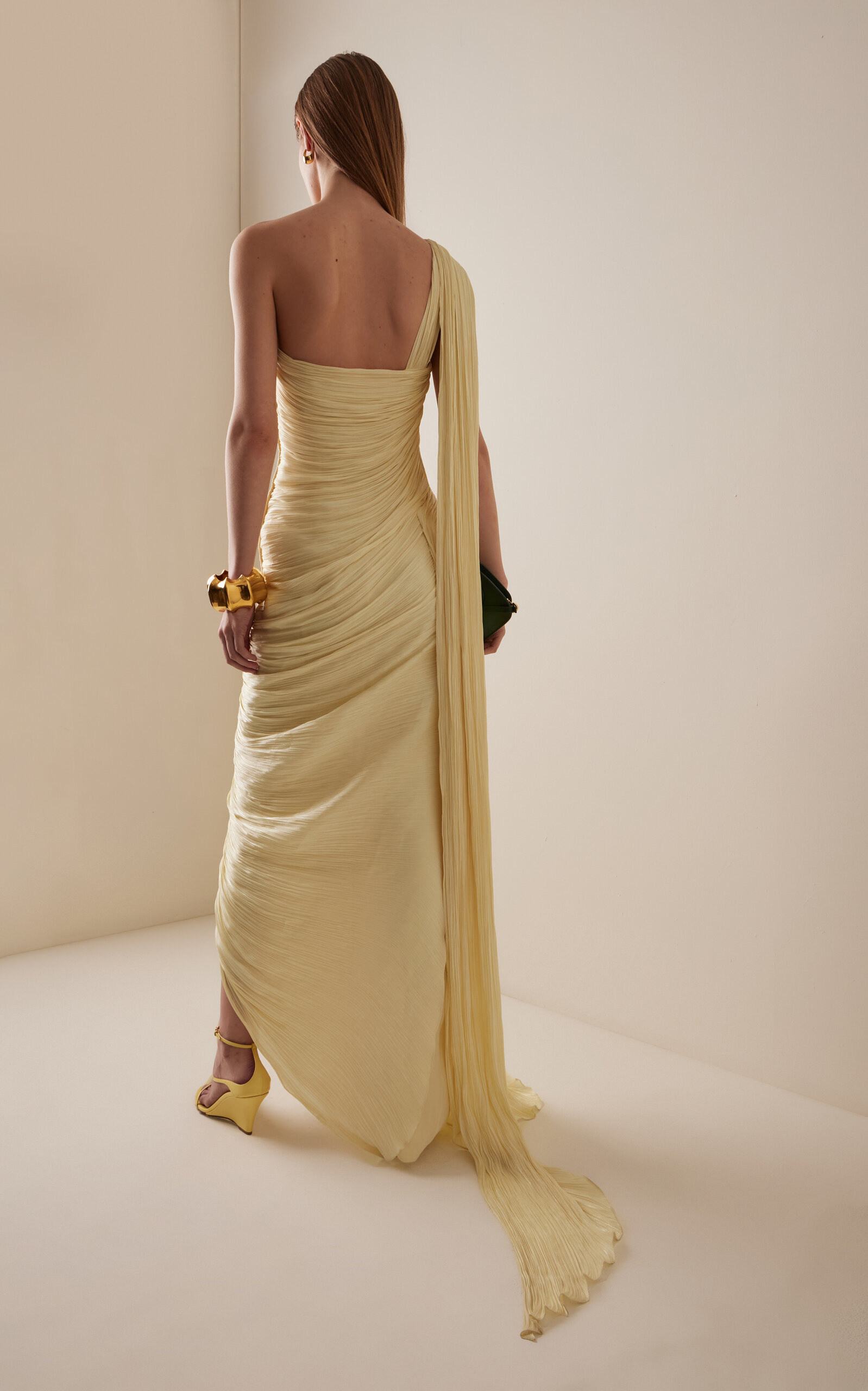 Pleated Asymmetric Silk-Chiffon Gown yellow - 4