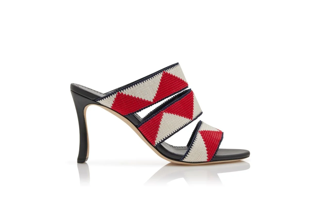Red and White Cotton Strap Mules - 1