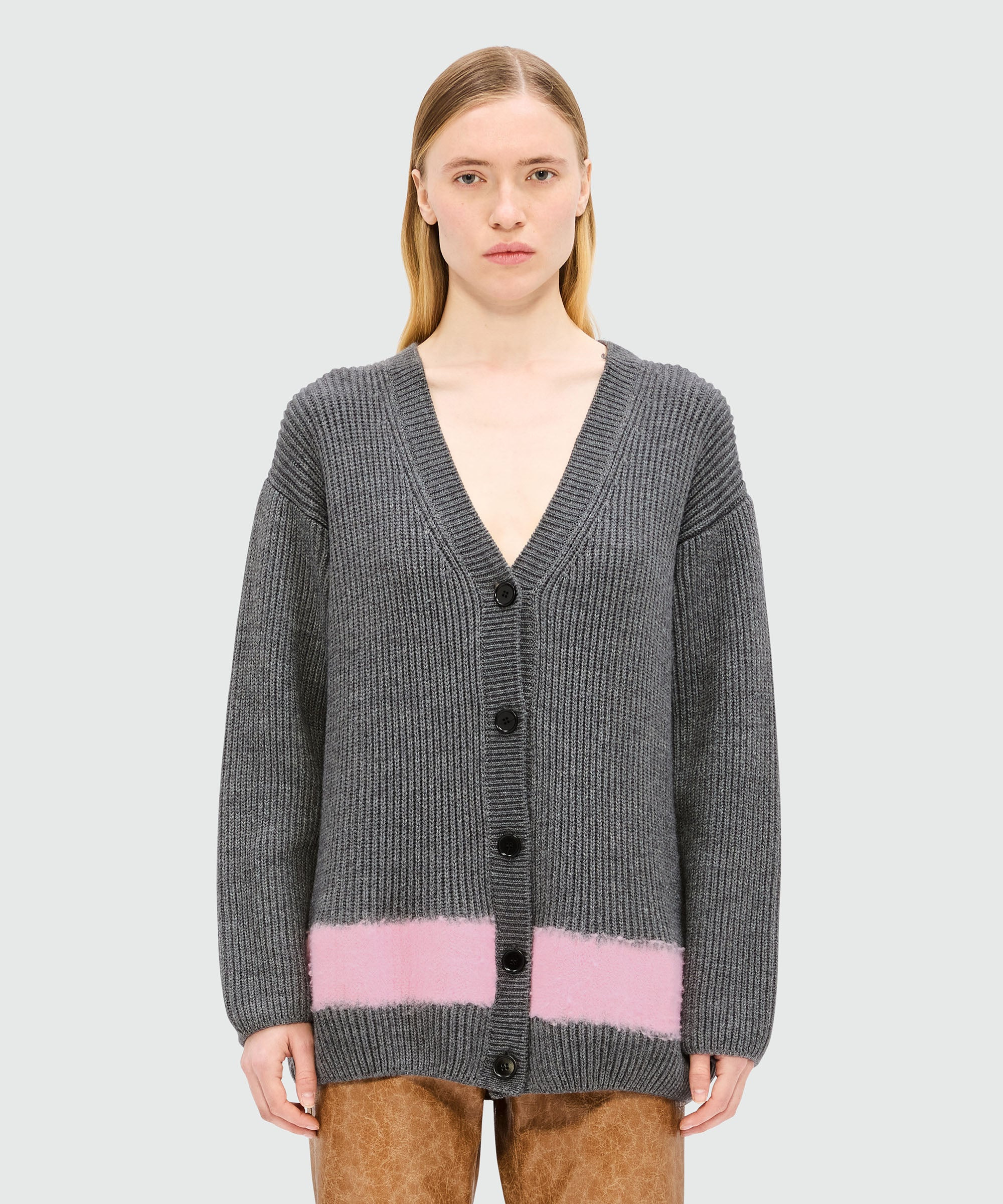 Grey melange ribbed knit cardigan with colorblock detail - 2