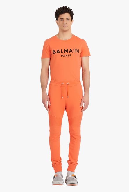 Orange cotton sweatpants with black Balmain Paris logo print - 4