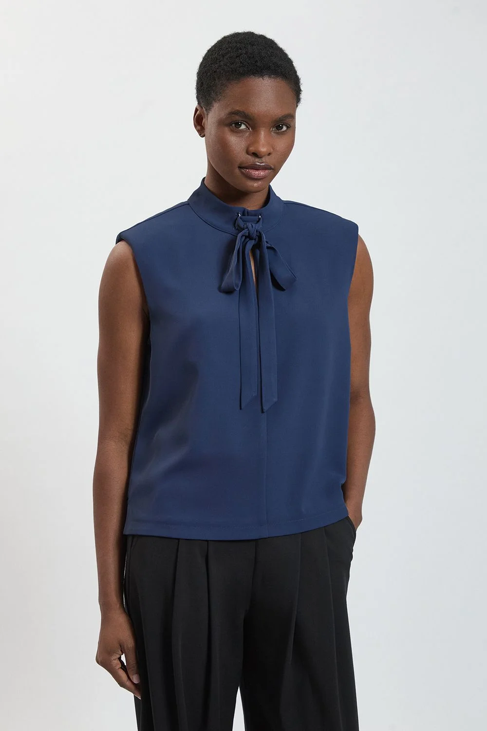 Strong Shoulder Tie Front Sleeveless Top - 1