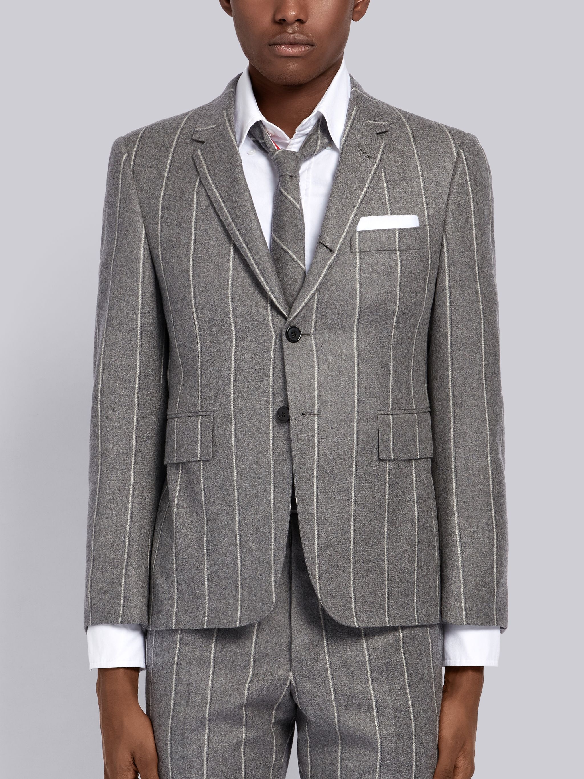 Medium Grey Shadow Stripe Wool Single Breasted Classic Sport Coat - 1