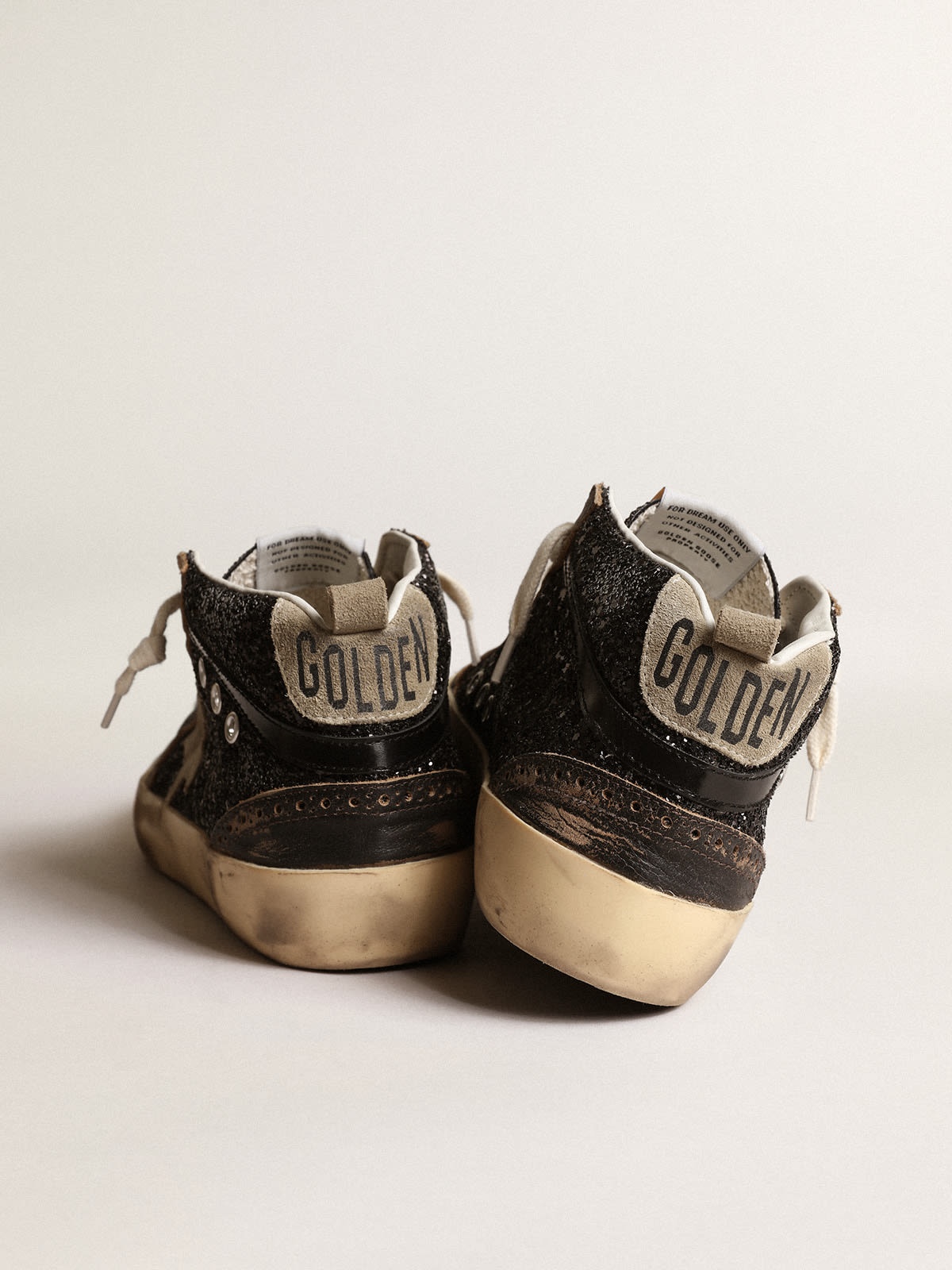 Golden Goose Mid Star in black glitter with dove-gray suede star and heel  tab | goldengoose | REVERSIBLE