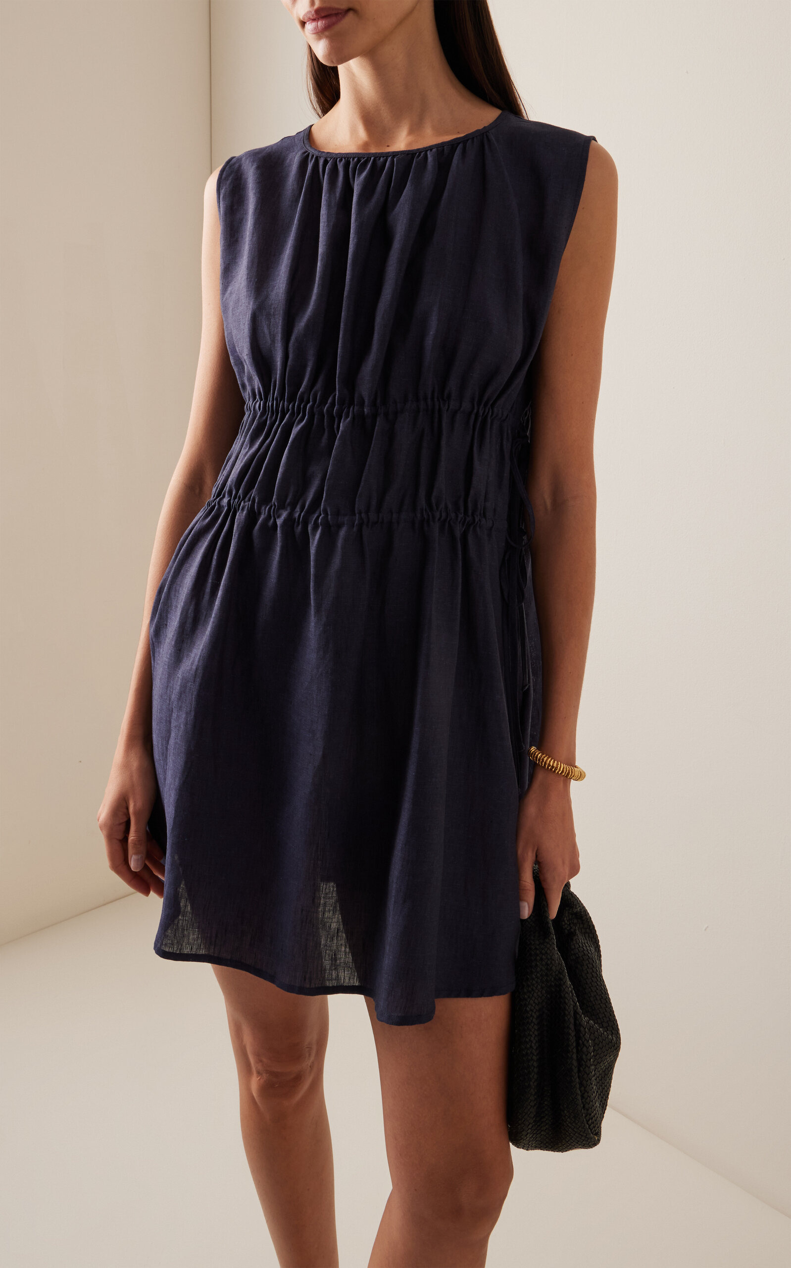 The Como Gathered Linen Mini Dress navy - 3