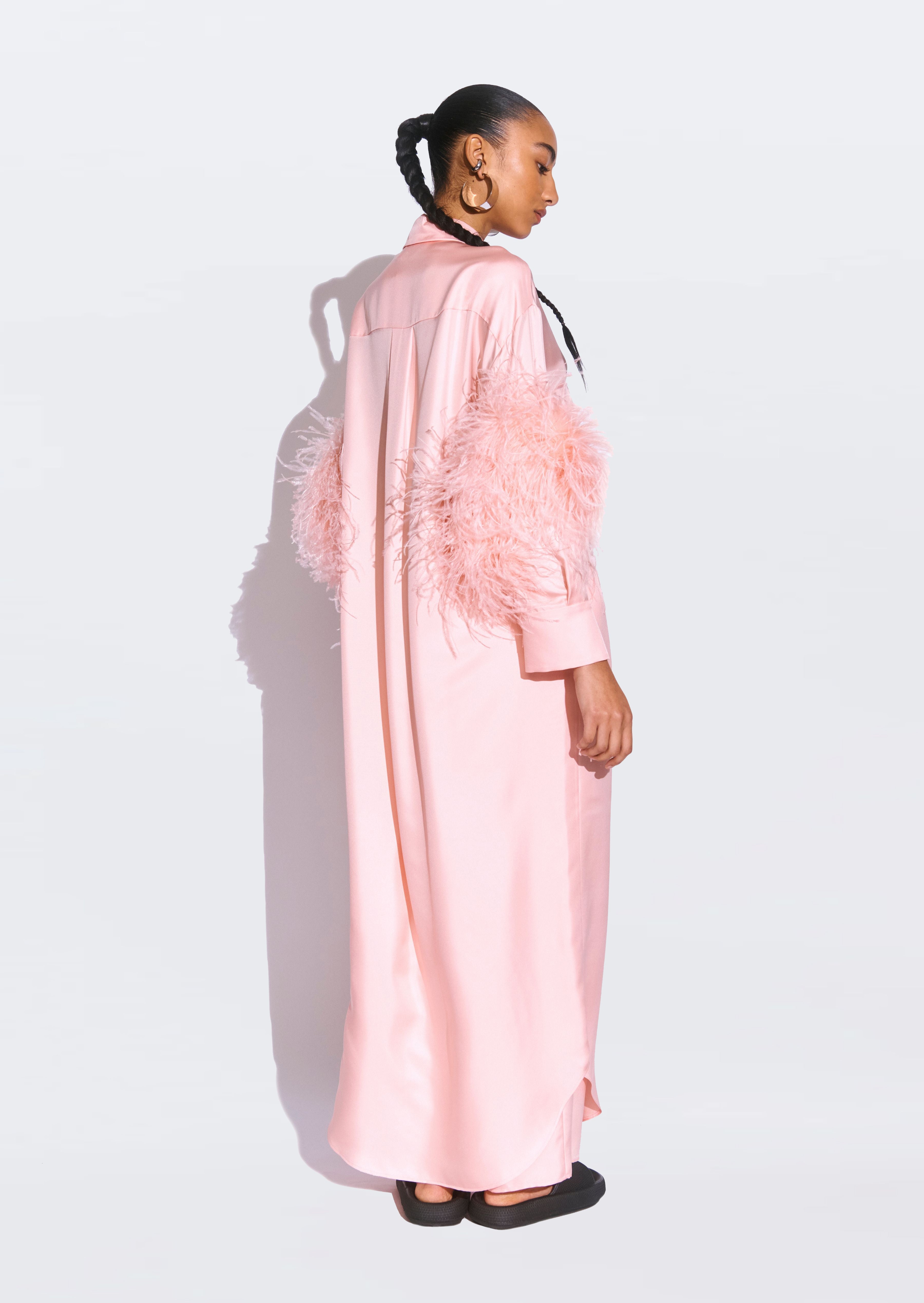 Silky Twill Button Down Dress With Feathers - 3
