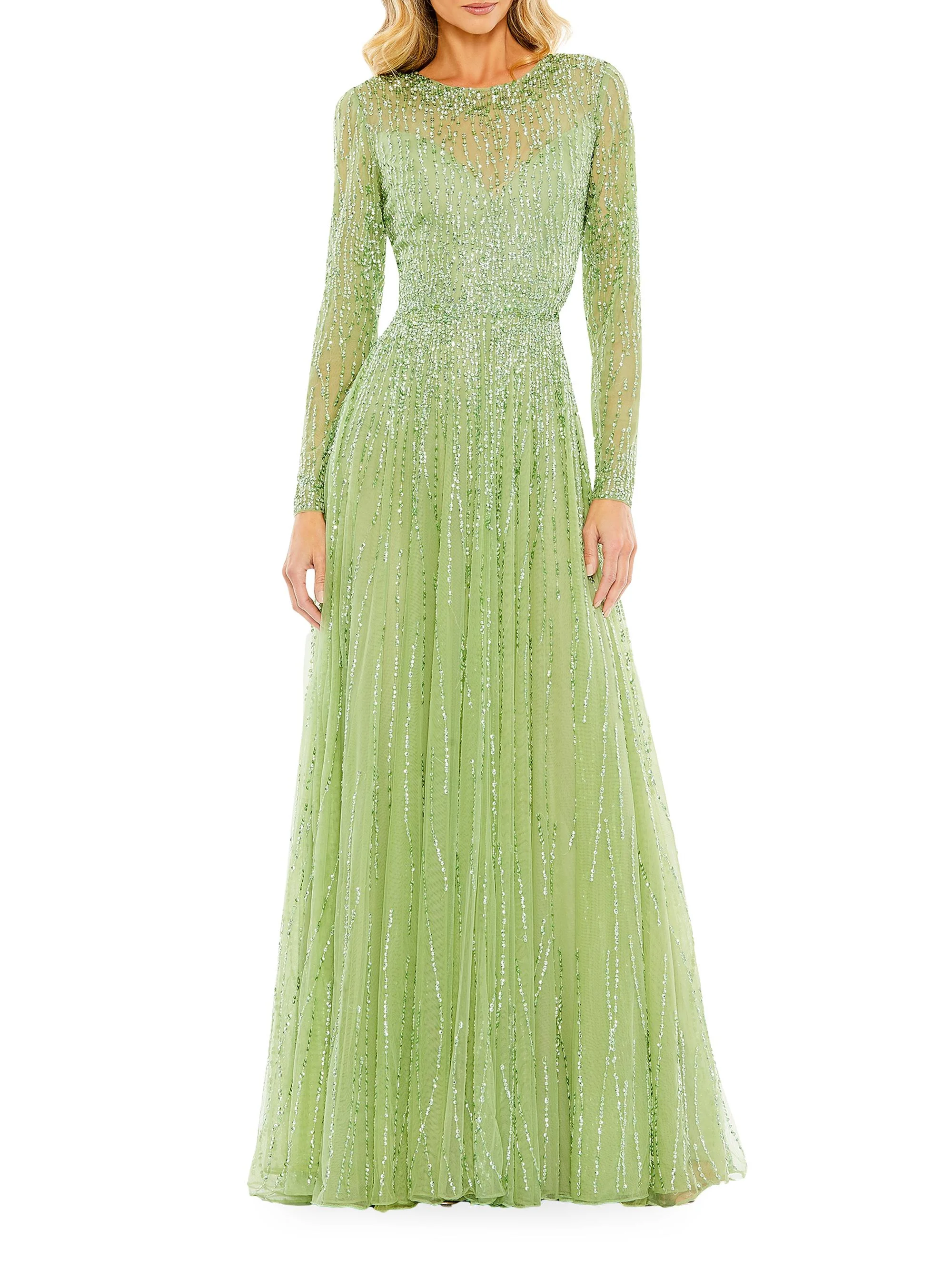Women's Sequined Long-Sleeve Illusion Gown - Sage - 1